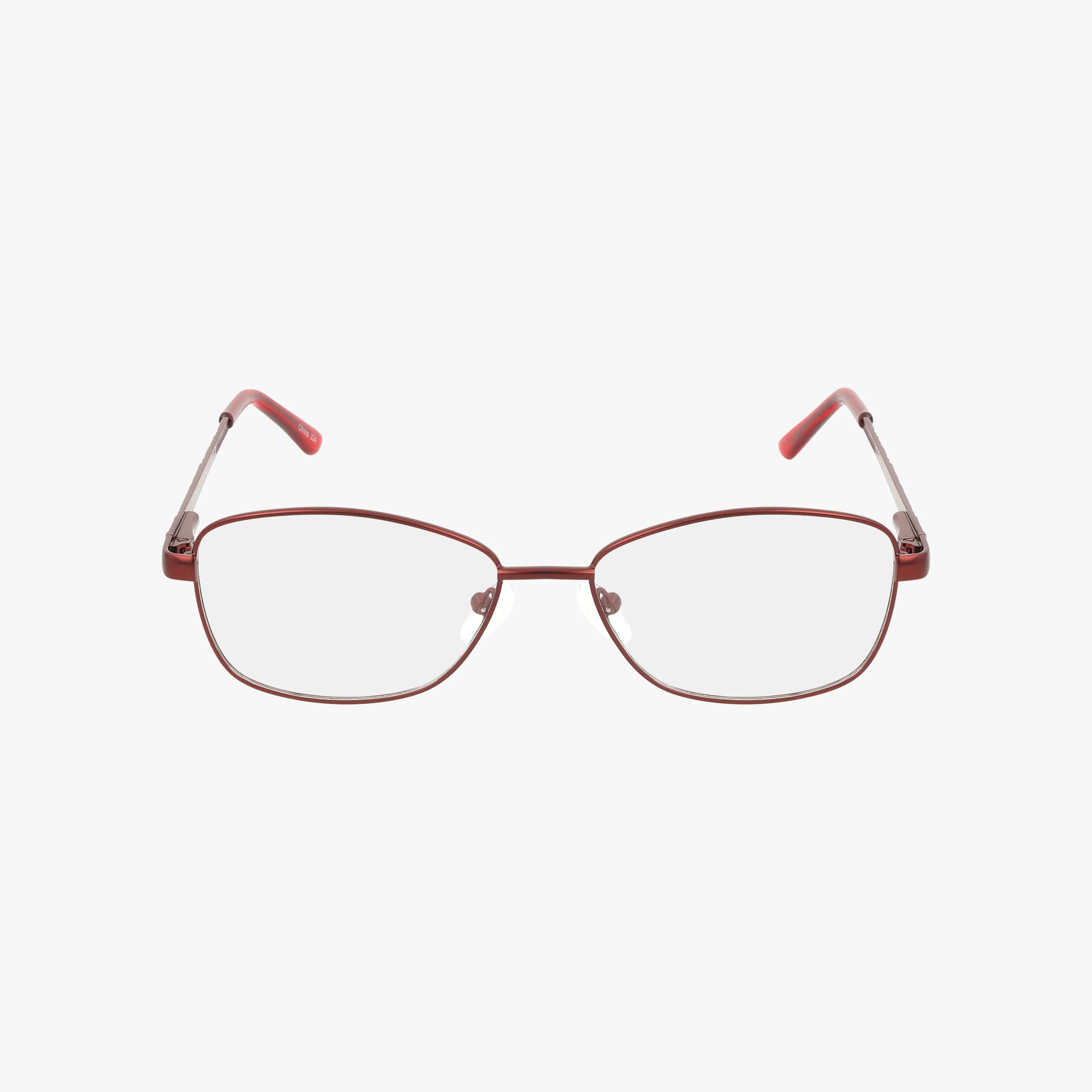 Exclusive's 256 features rectangular eyeglasses with a polished, thin red metal frame and clear lenses, combining style and durability, displayed on a plain white background.