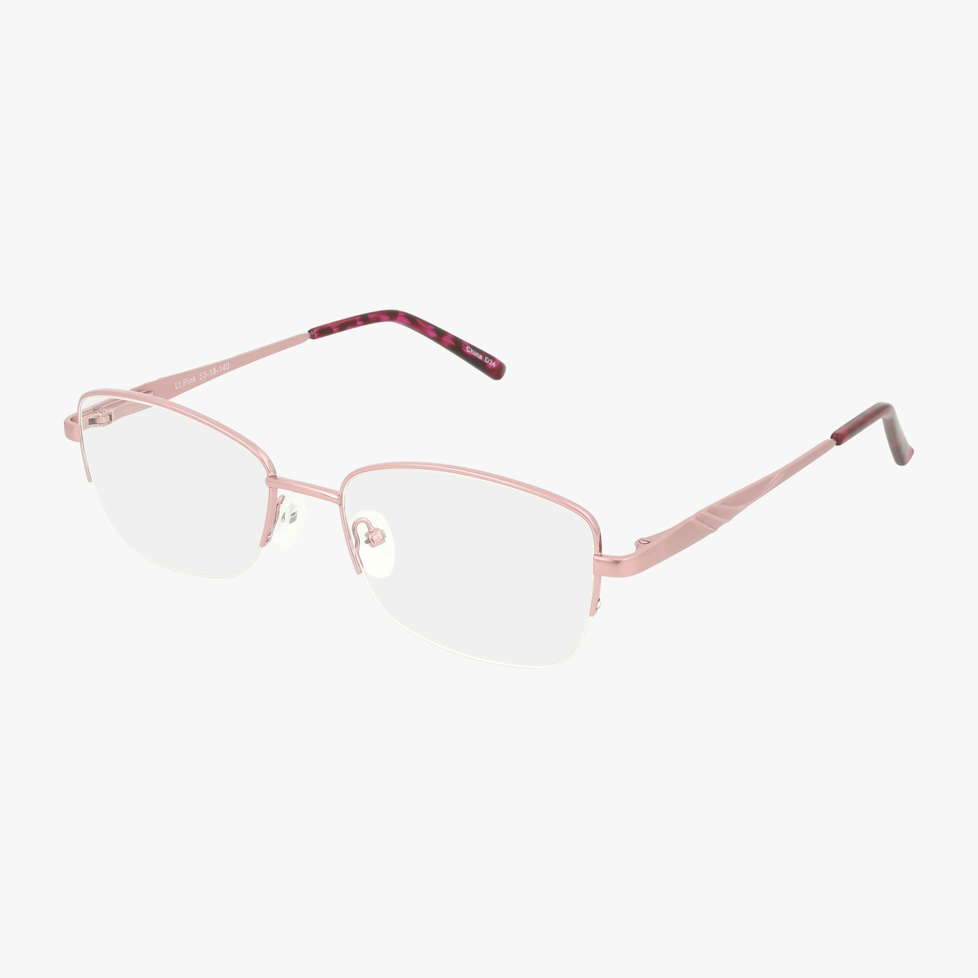 Exclusive 257 rectangular eyeglasses in Pink Light feature pink metal frames, transparent lenses, and marbled darker pink temple tips. Styled for strength, they are shown on a plain white background.