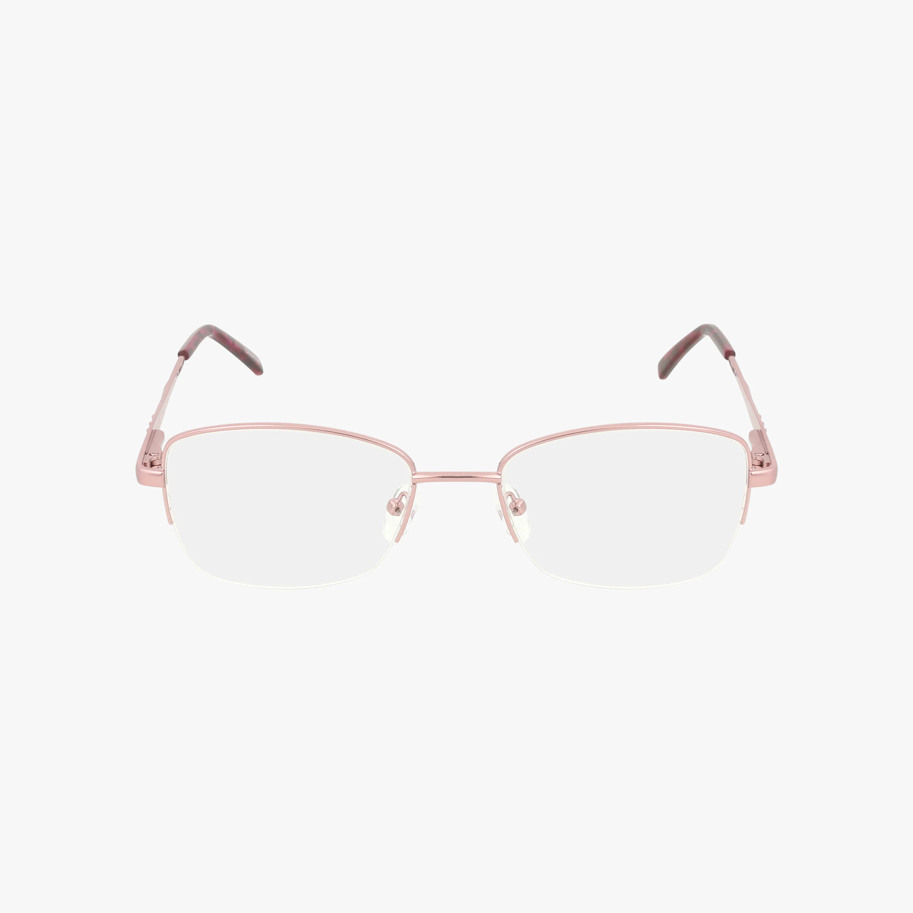 The Exclusive 257 features rectangular, rimless eyeglasses with thin light pink metal arms and clear Transitions lenses, combining strength and style against a plain white background.