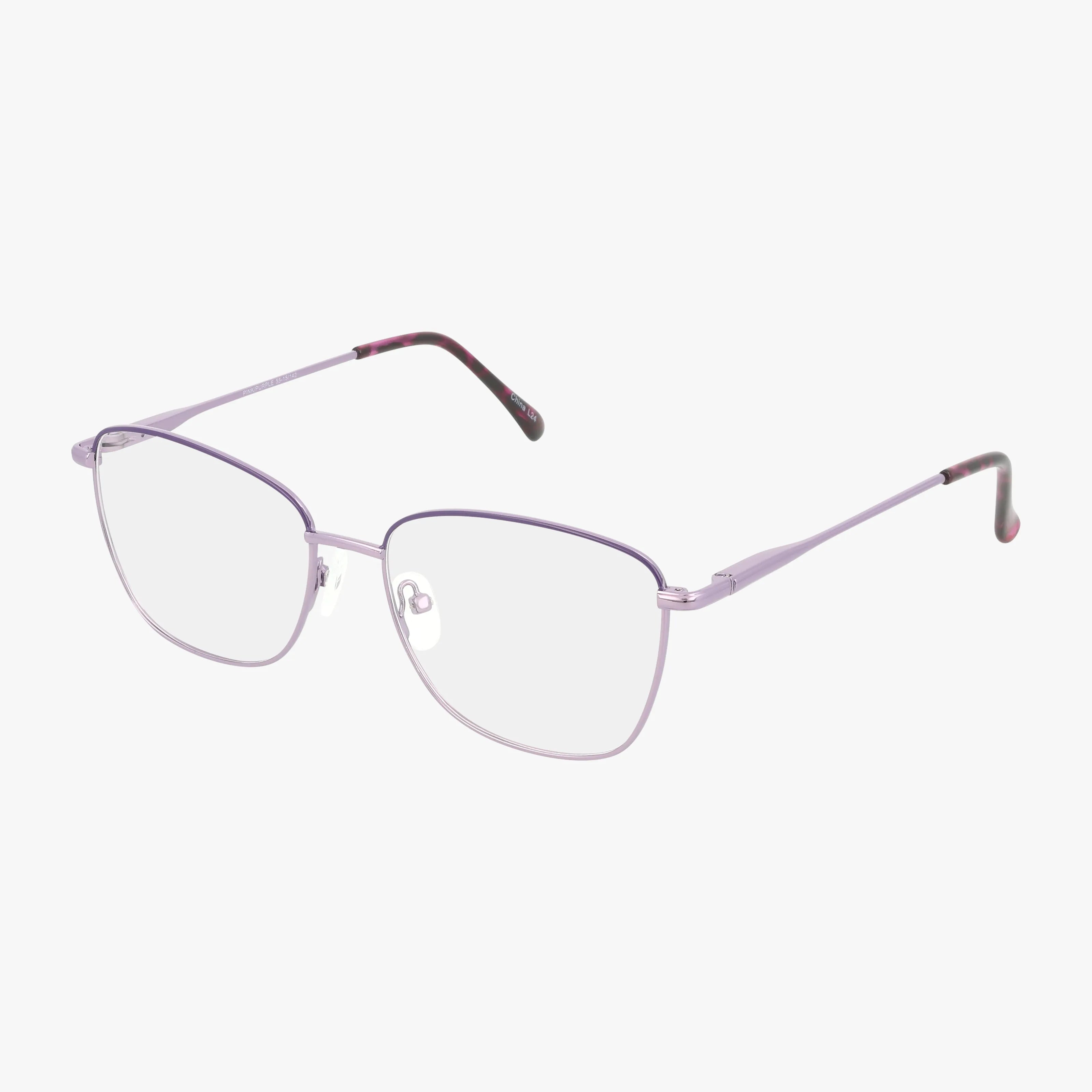 Exclusive 259 eyeglasses feature a modern purple silver metal frame, clear prescription lenses, adjustable nose pads, and black-and-purple temple tips, shown on a white background.