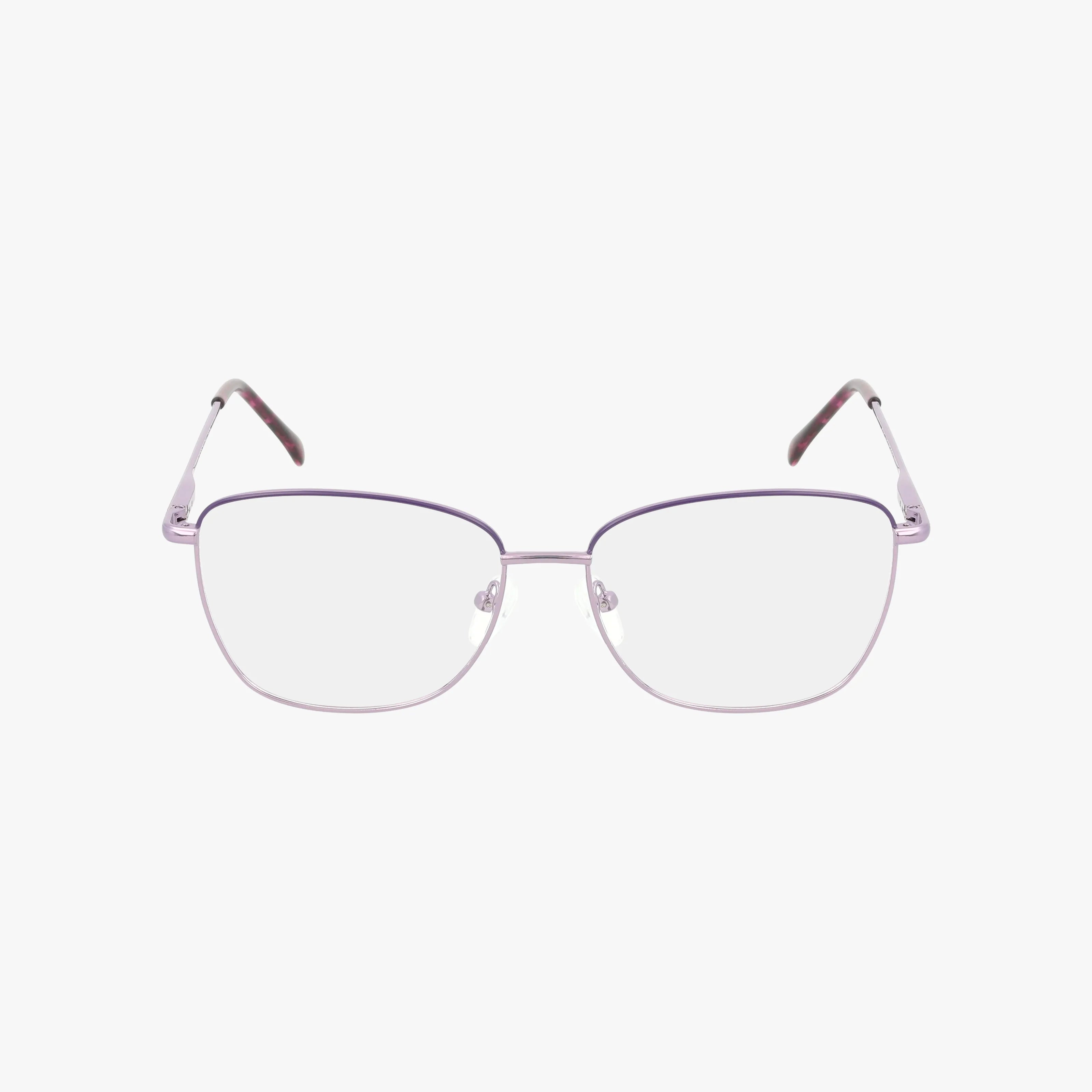 The Exclusive 259 eyeglasses feature a modern design with thin light purple metal frames, square lenses, and black temple tips, shown on a plain white background.