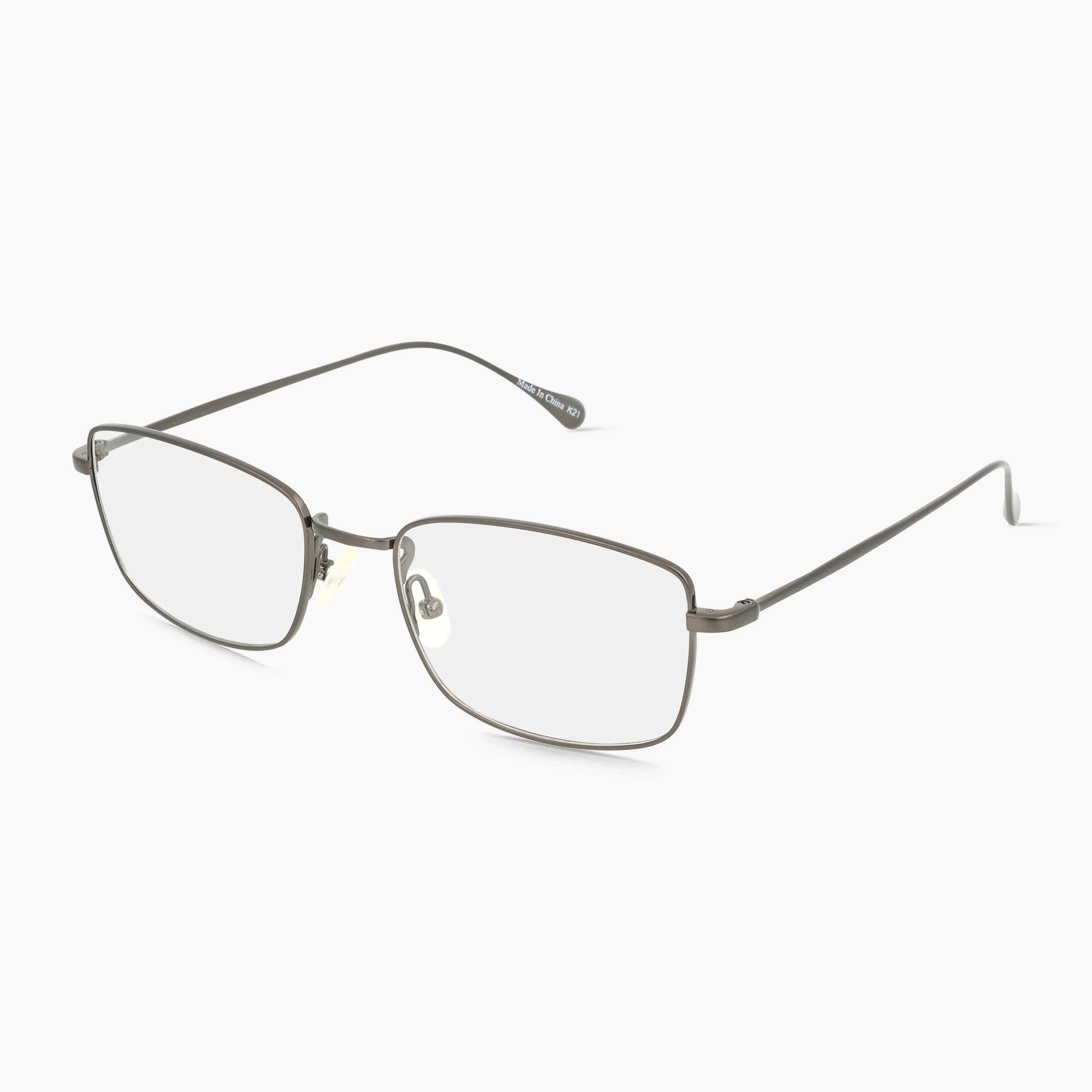 The Precision 161 eyeglasses feature a thin, rectangular metal frame in Gunmetal Matte with clear lenses and adjustable nose pads, combining distinct style and functionality, displayed on a plain white background.