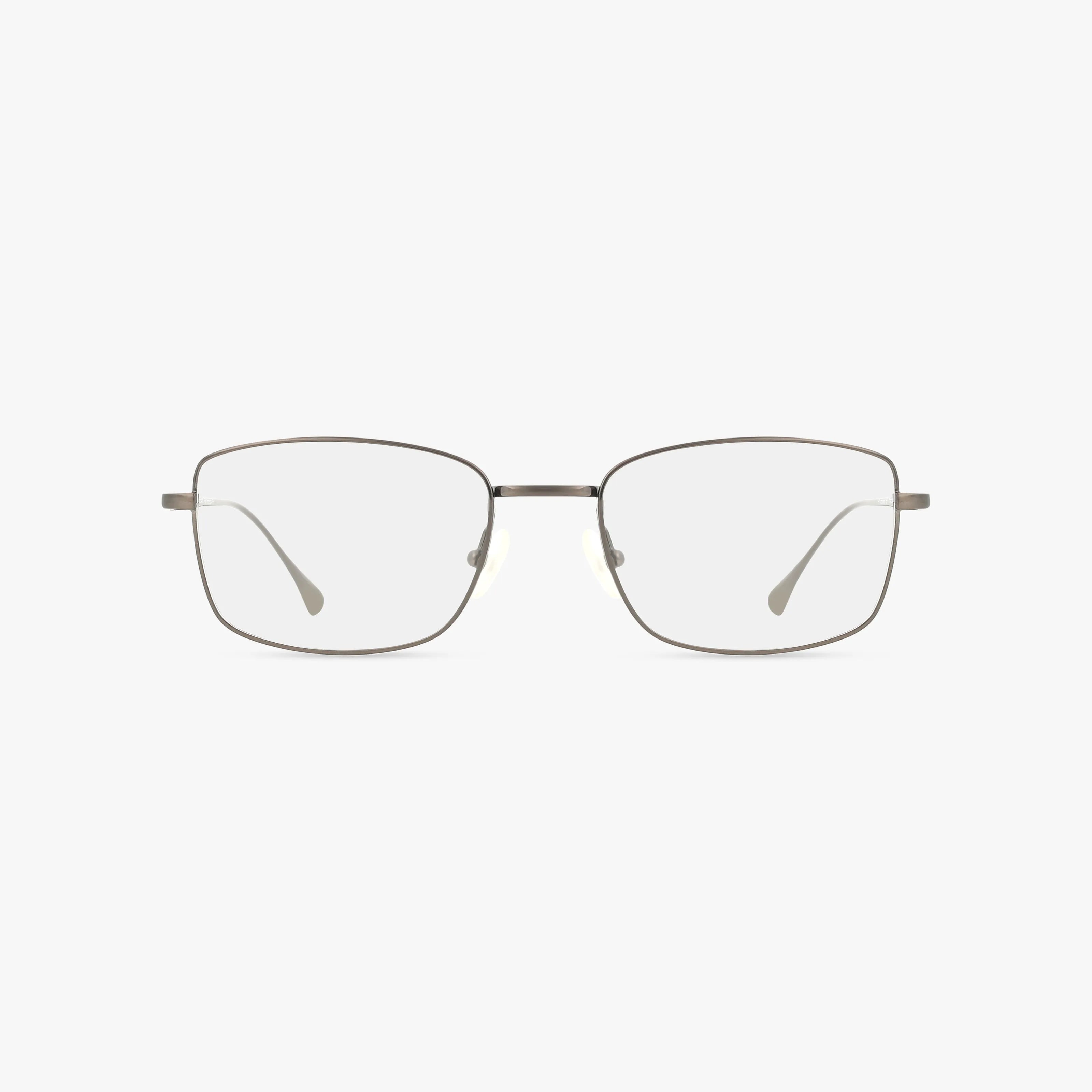 The Precision 161 eyeglasses feature a rectangular, thin metal frame with clear lenses, combining distinct style and function. Shown from the front against a plain white background.