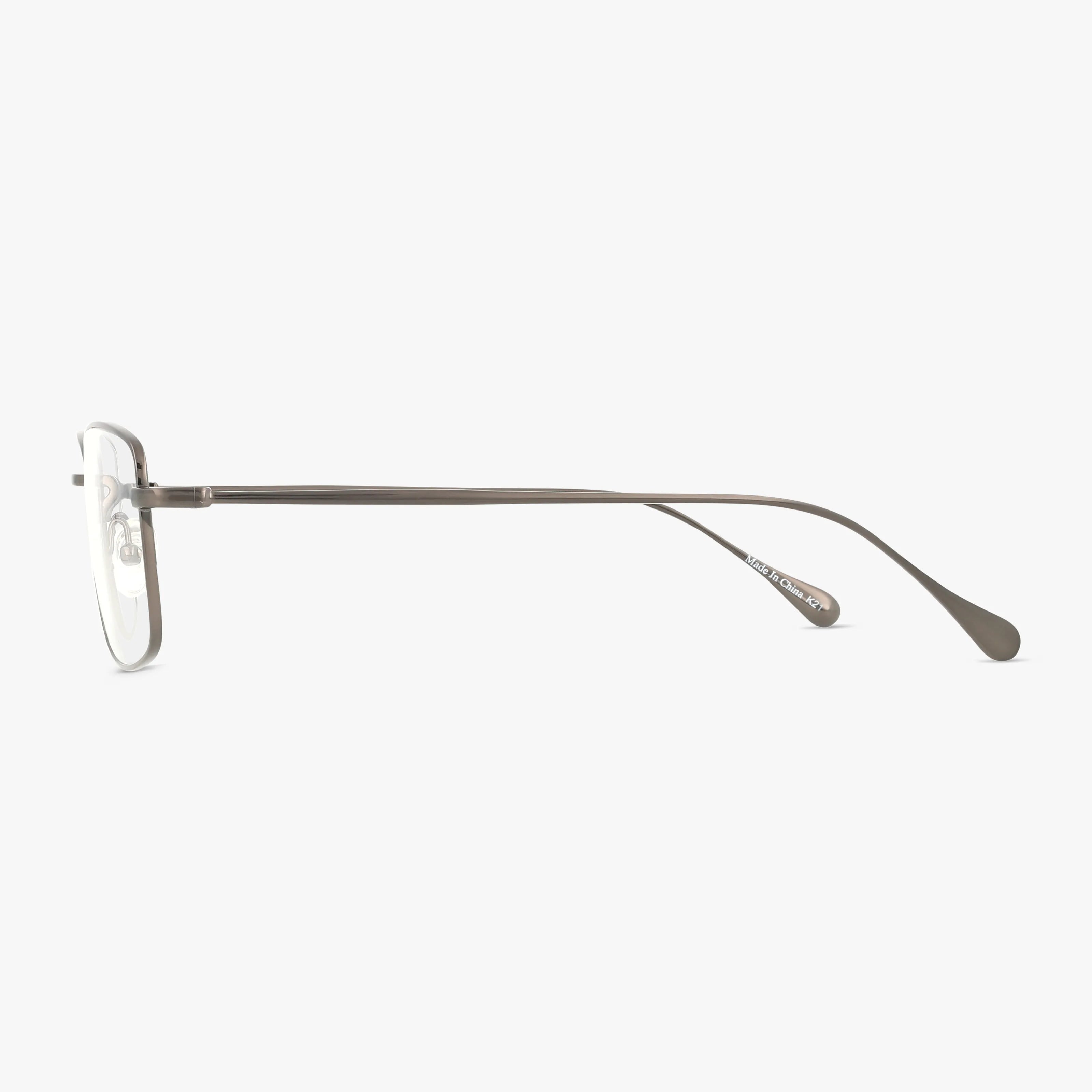 Side view of Precision 161 eyeglasses with thin, metallic gray frames and straight temples with curved tips. The functional design enhances their distinct style, displayed against a plain white background.