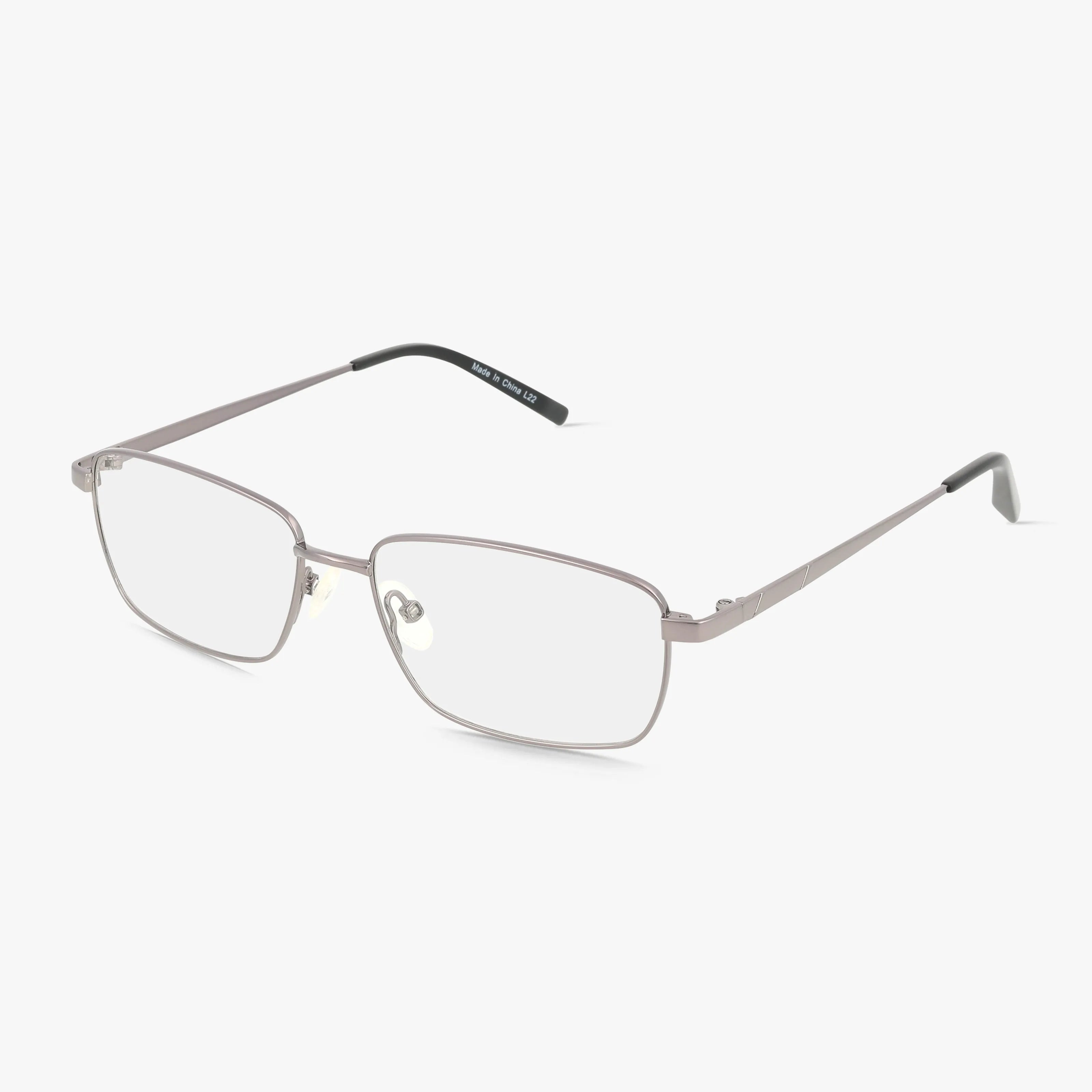Precision 163 eyeglass frames in gunmetal feature a rectangular design with thin arms and clear nose pads for lasting elegance, displayed on a white background.