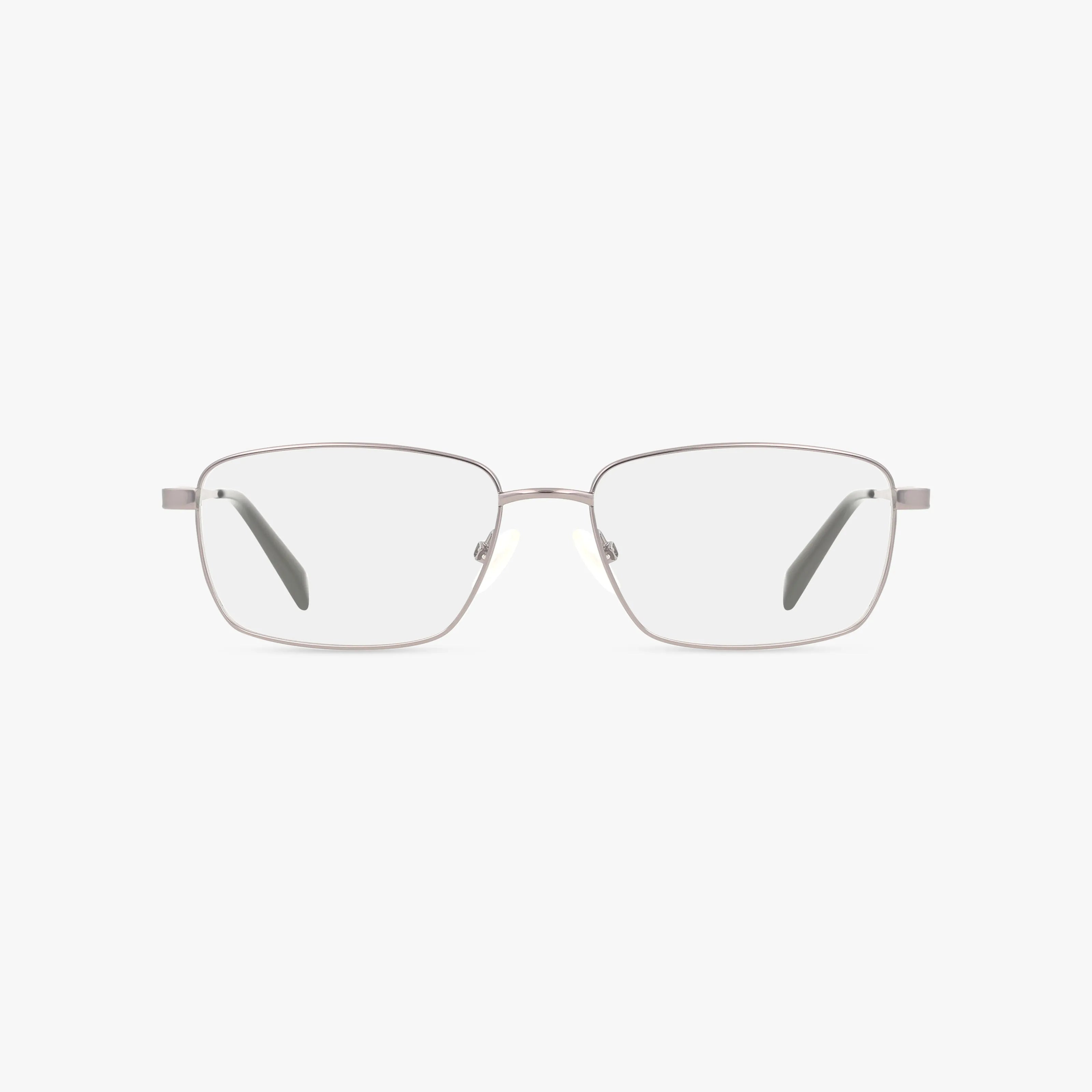 Precision’s 163 eyeglasses feature a rectangular silver metal frame with clear lenses, combining lasting elegance and vision benefits, displayed front-facing on a plain white background.