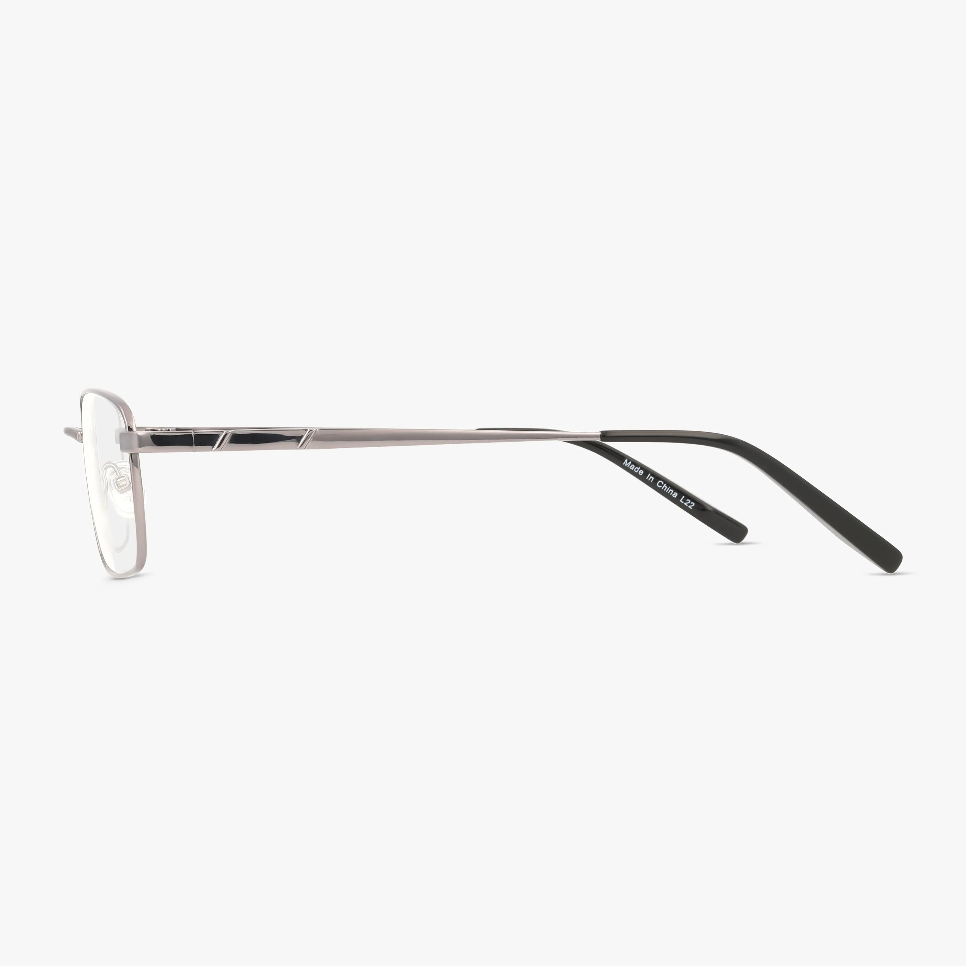 Side view of the Precision 163 eyeglasses, showcasing rectangular silver metal frames with clear nose pads and sleek black temple tips, blending timeless elegance with modern simplicity against a white background.