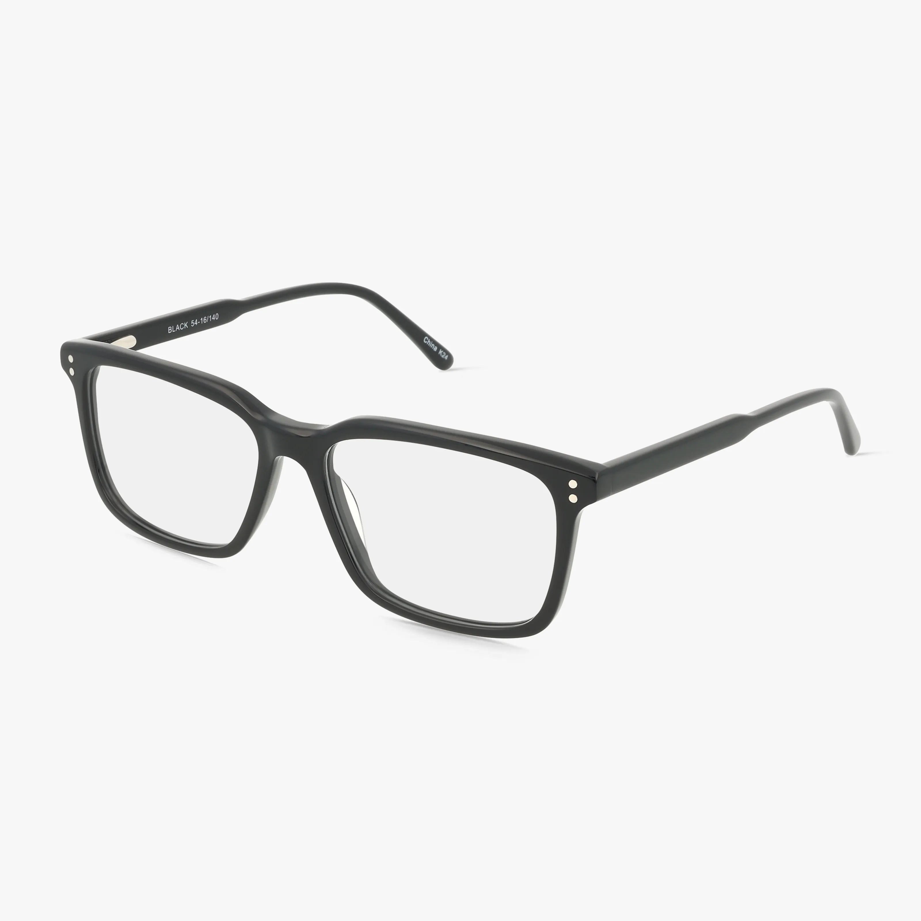 Fregossi 1019 eyeglasses feature a black rectangular frame with clear lenses and subtle silver dot accents at the front corners, made from modern materials for a stylish look, shown on a white background.