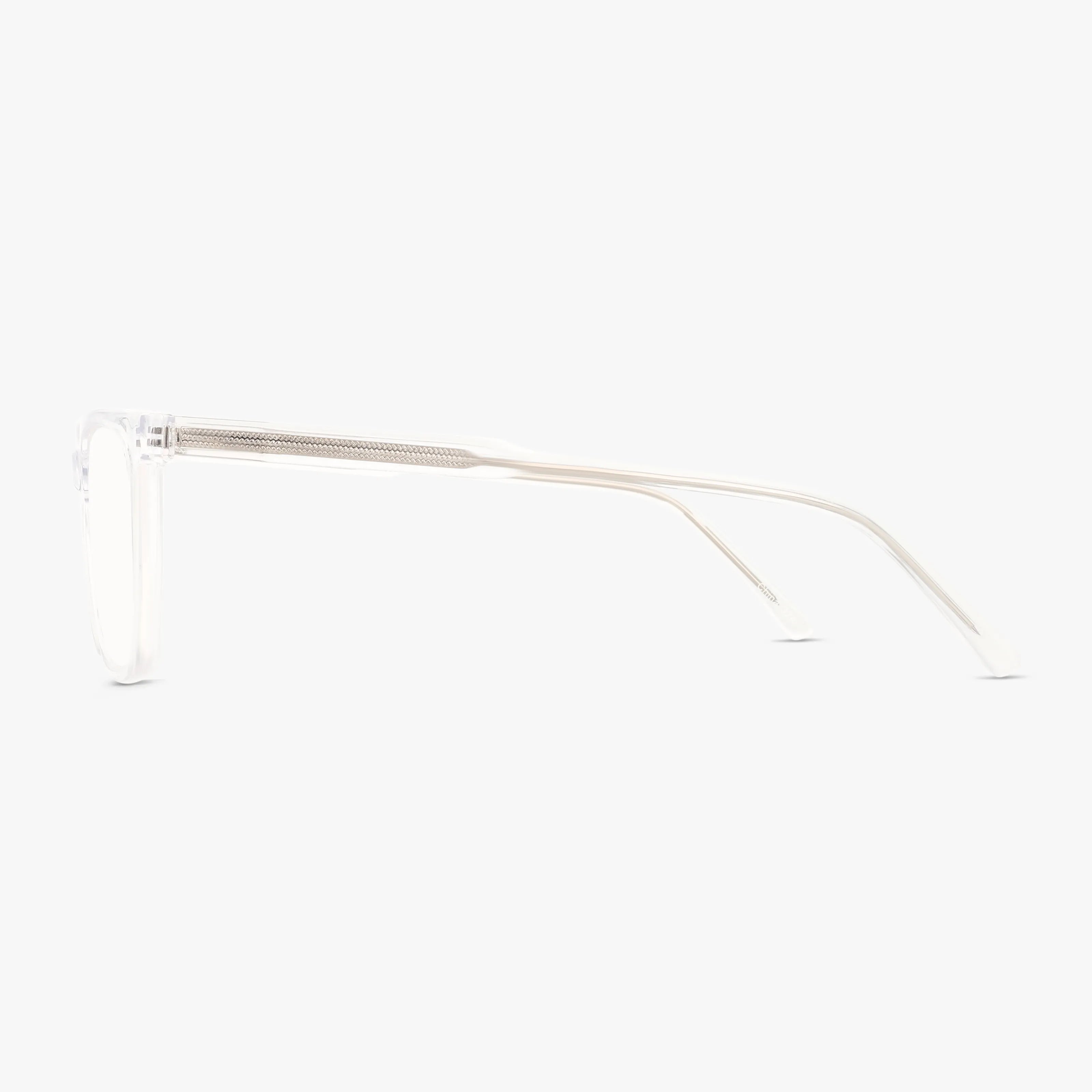 Side view of Fregossi 1021 clear rectangular eyeglasses with thin transparent arms and a polished frame, highlighting modern style and durability against a plain white background.