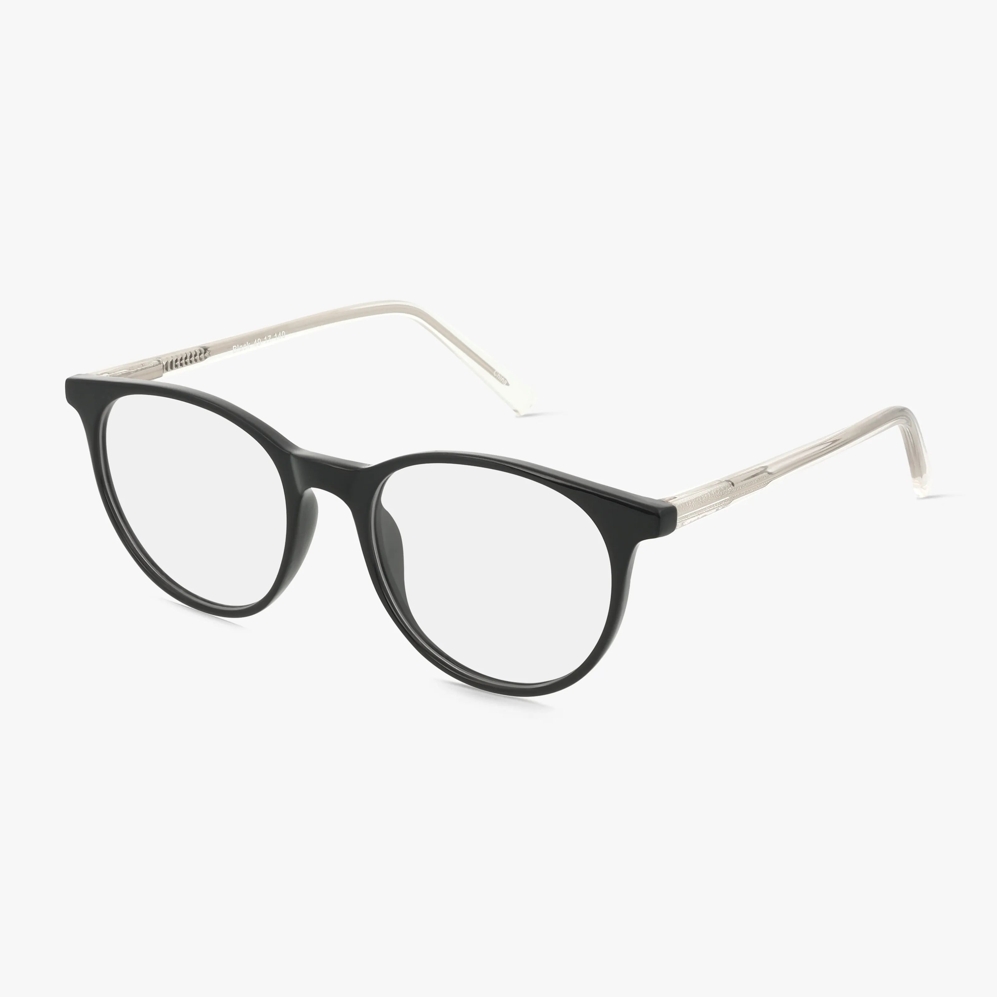 The CNBCN 99 eyeglasses feature round black frames with transparent temples, perfect for a sharp, smart look at school. Shown on a white background.