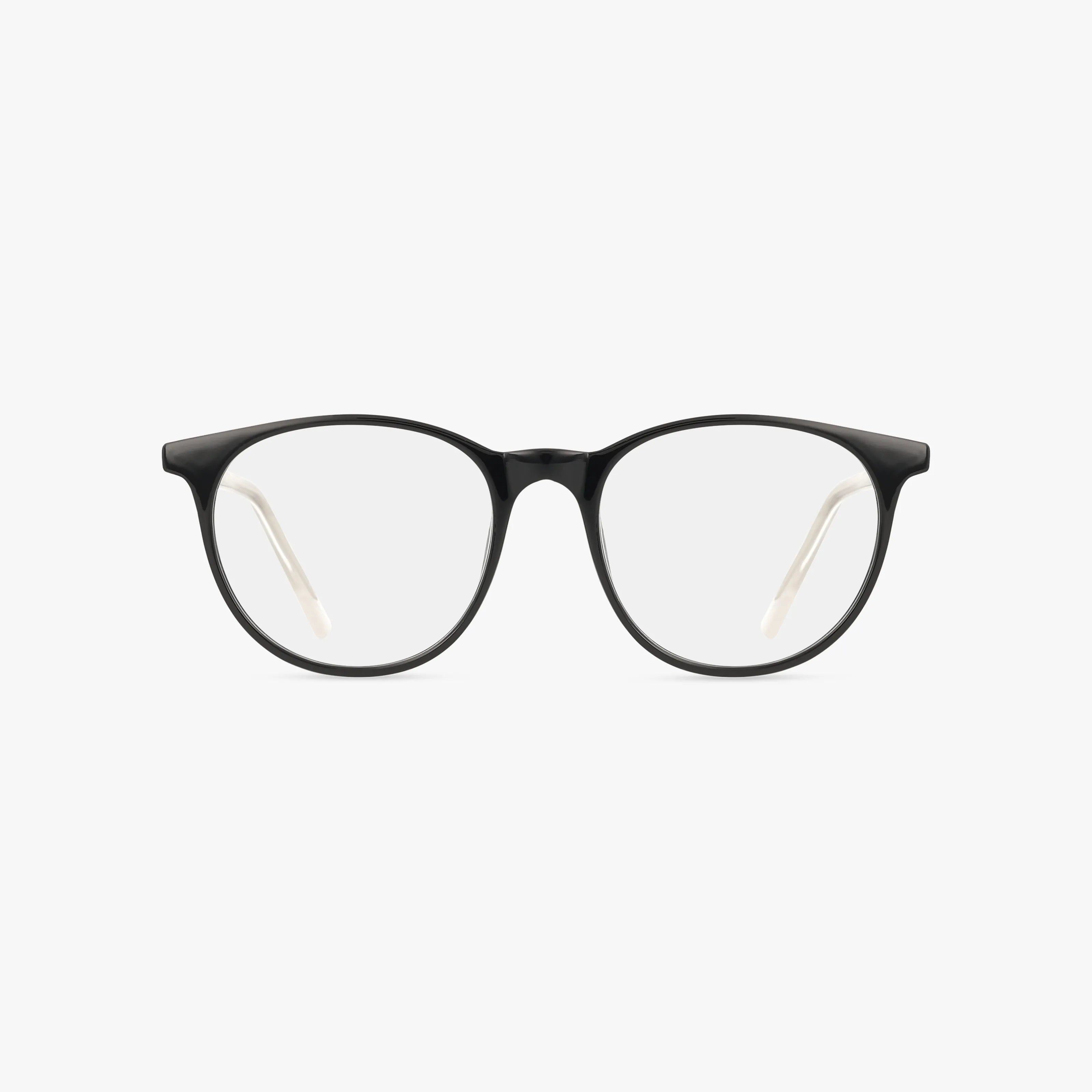 The CNBCN 99 features round, black-rimmed eyeglasses with clear lenses and white temple arms, displayed on a plain white background—a smart choice for school.