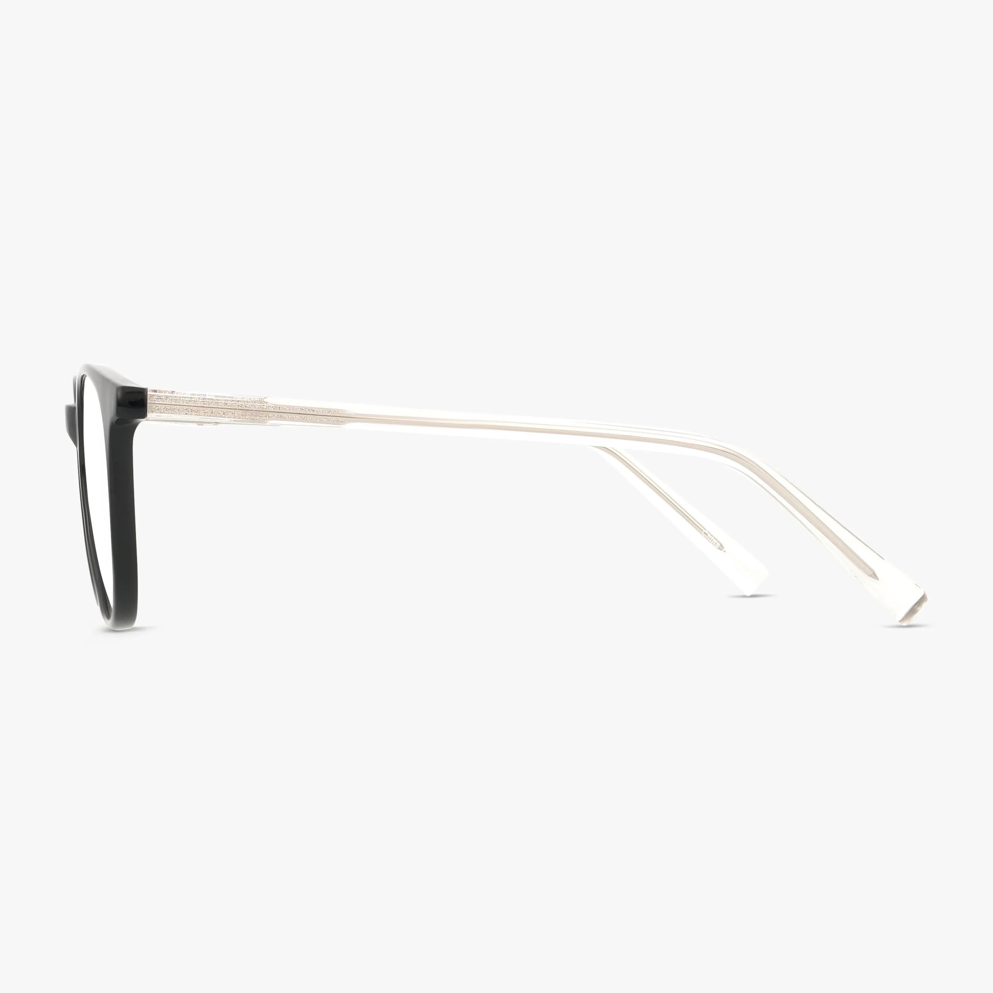 Side view of CNBCN 99 eyeglasses featuring a black front and slim white arms, perfect for a sharp look at school or all day, displayed on a plain white background.