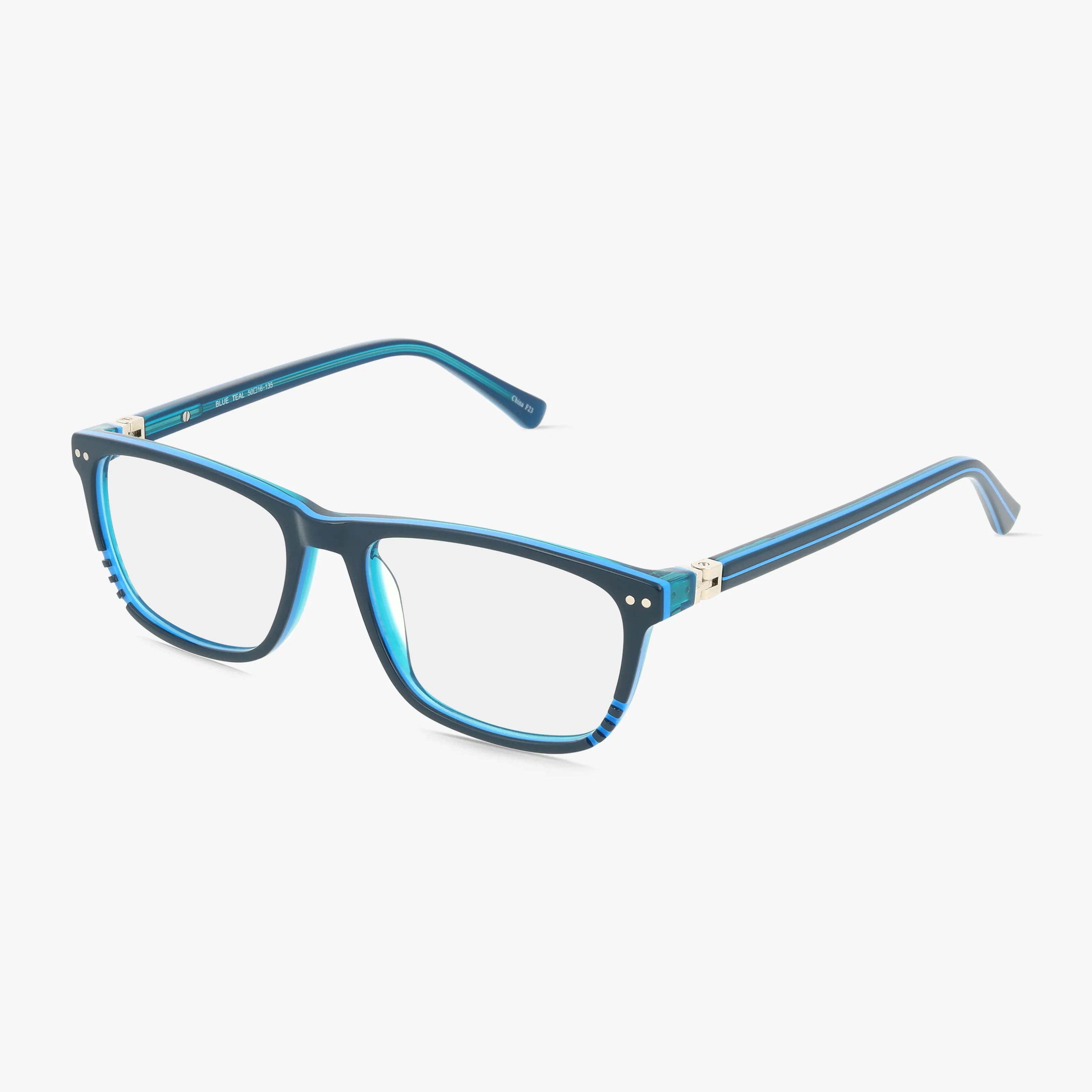 Fregossi 332 Blue Teal eyeglasses feature clear lenses, silver hinge accents, and a modern design with a gradient from dark to light blue—perfect for standing out as Head of the Class.