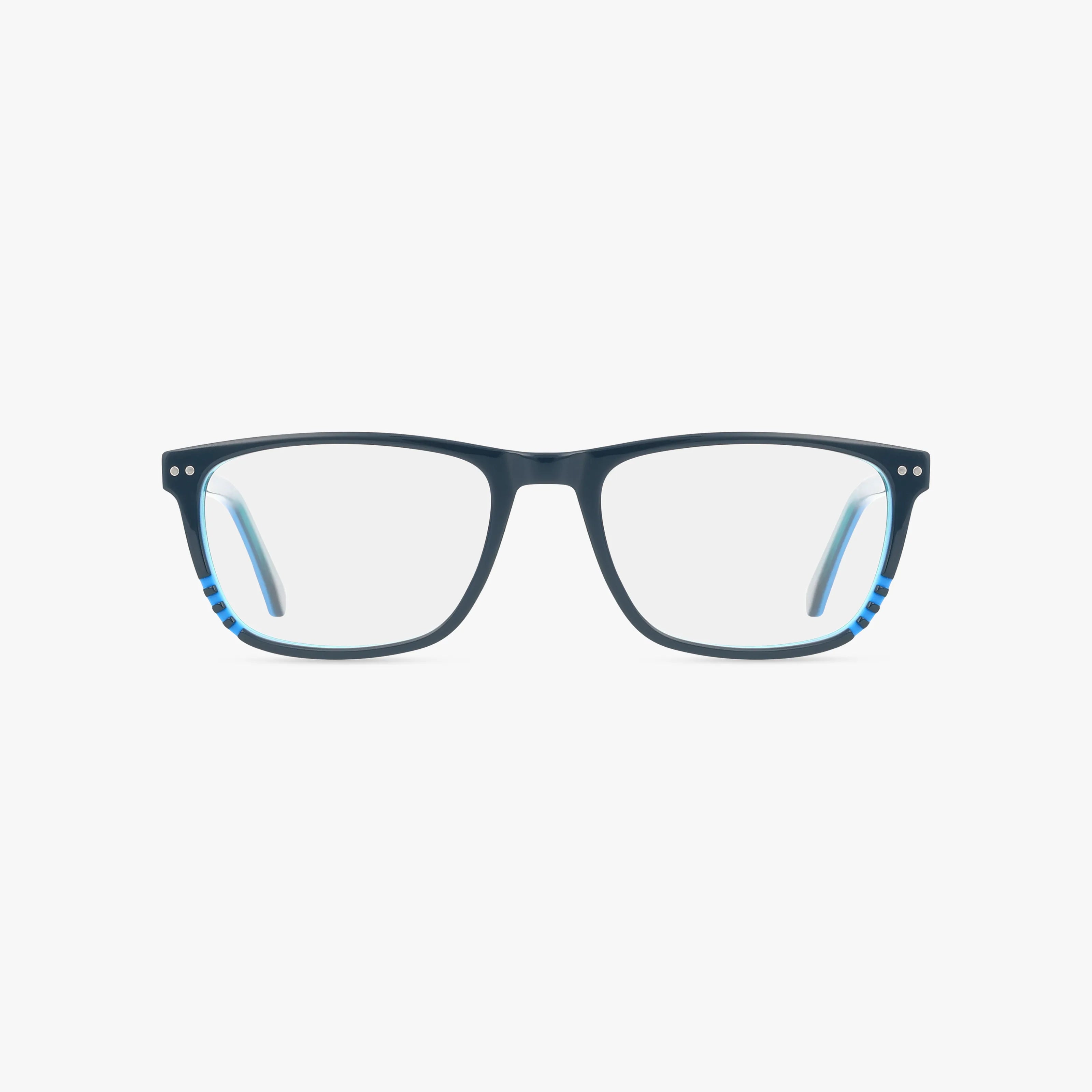 The Fregossi 332 features rectangular dark blue frames with clear lenses, small silver accents near the hinges, and light blue and white striped temple tips—delivering a standout look against a plain white background.