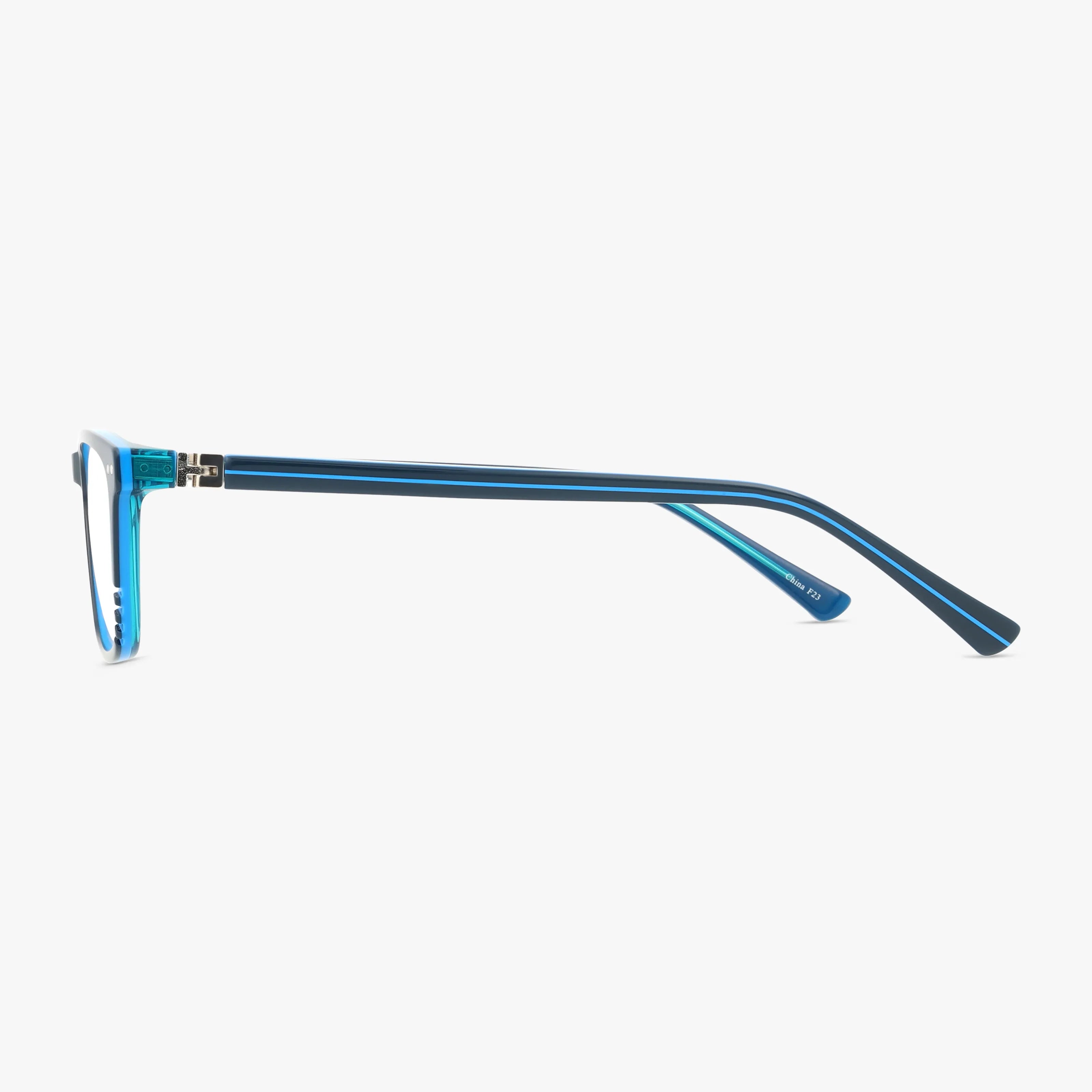 Side view of Fregossi 332 blue and transparent eyeglasses with rectangular frames and sleek temples, designed to make you stand out as the Head of the Class against a white background.