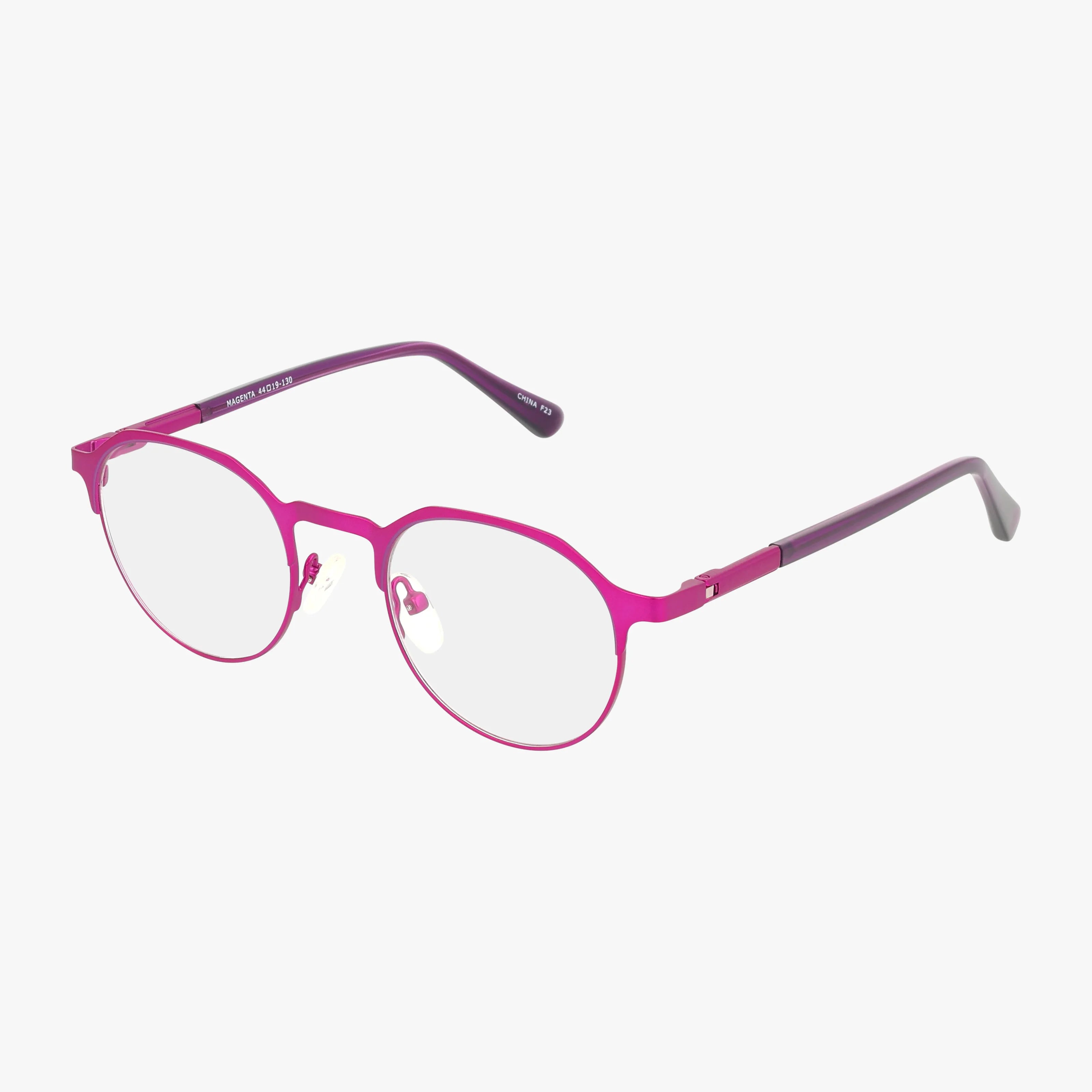 The Fregossi 338 eyeglasses, in Pink Dark, feature round clear lenses, thin metal frames, adjustable nose pads, and dark temple tips—a standout look—displayed on a white background.