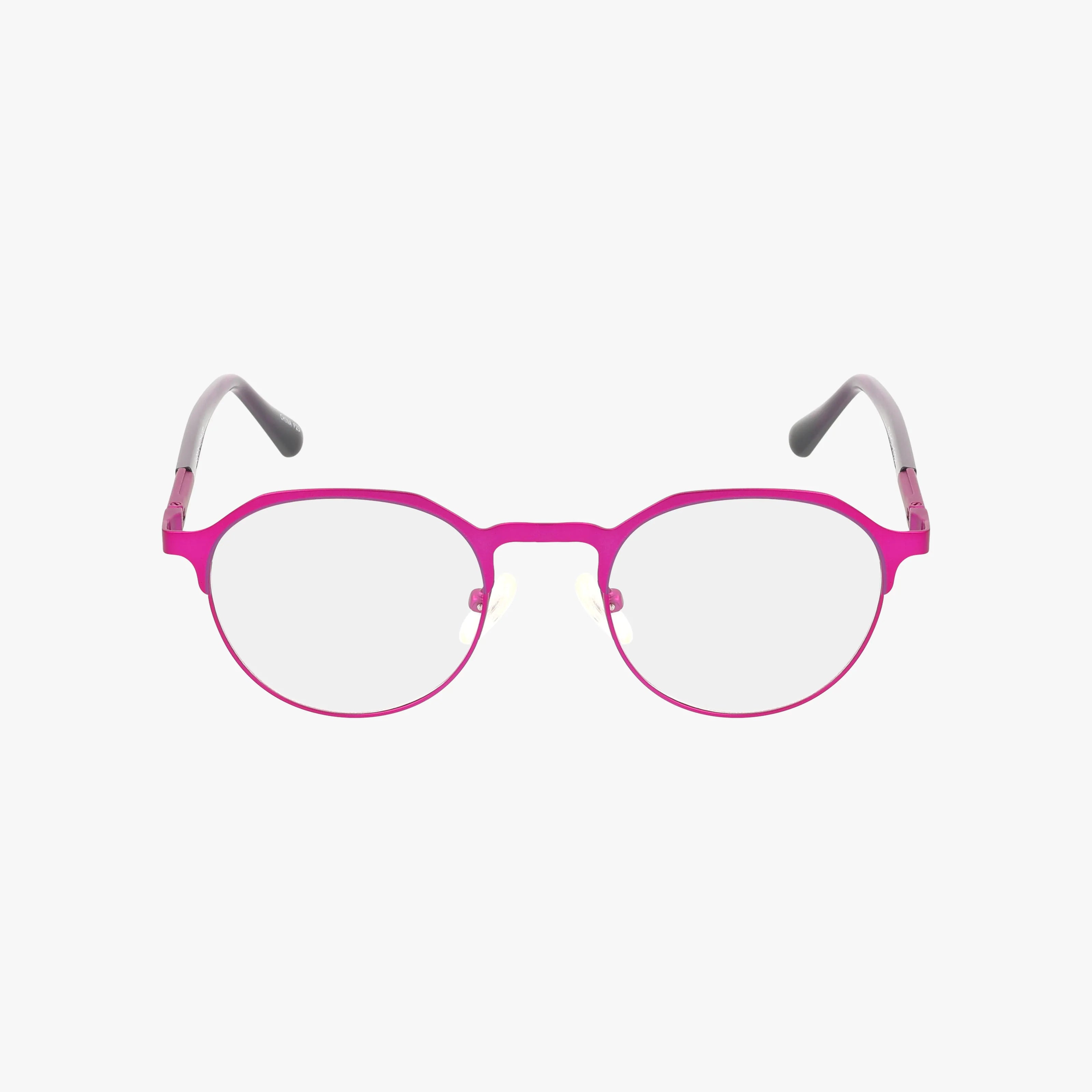 The Fregossi 338 eyeglasses feature pink rims, round lenses, gray temples, and black tips, crafted to help you stand out with a Head of the Class look. Displayed on a plain white background.