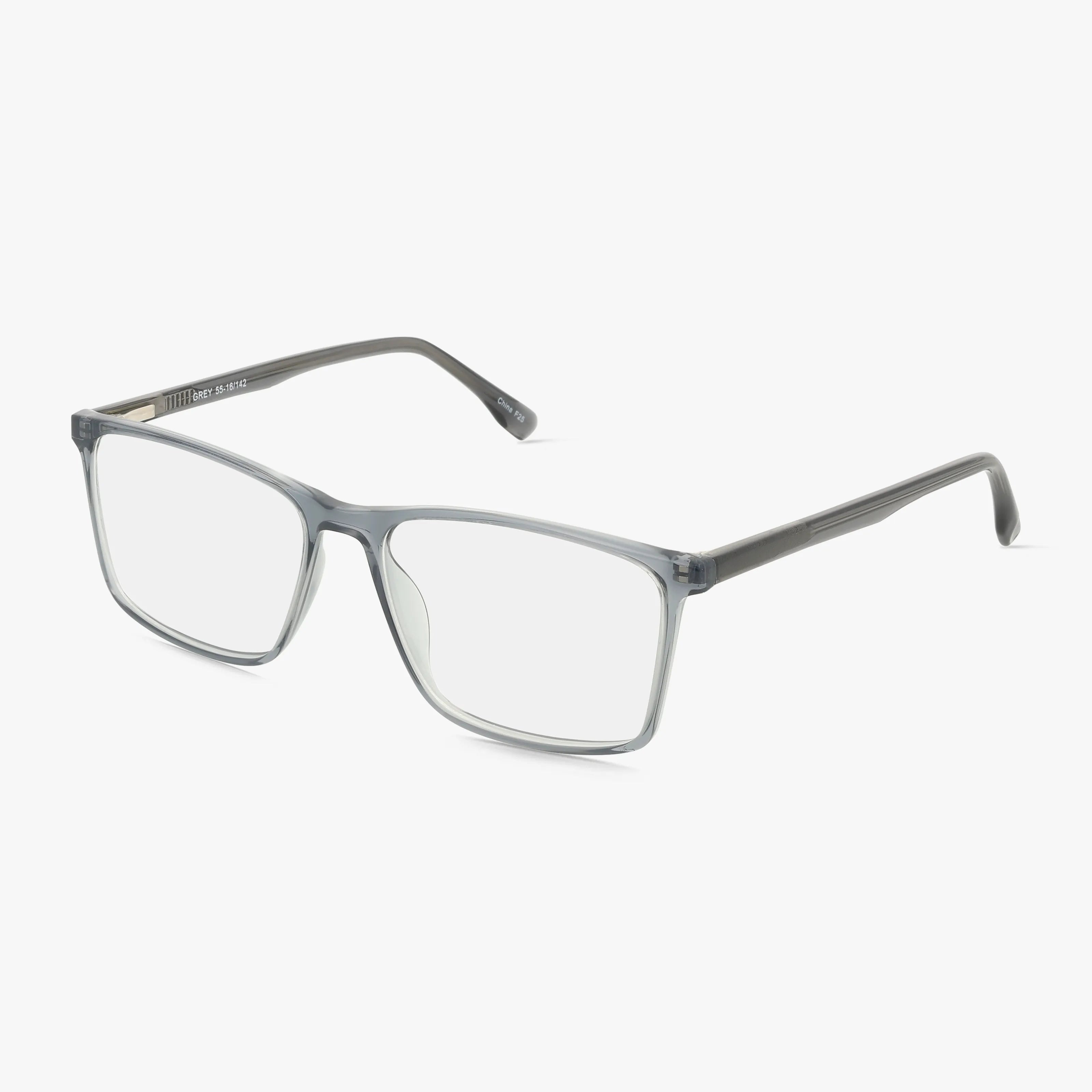 Fregossi 1029 prescription eyeglasses feature rectangular lenses and modern, transparent grey frames, shown against a plain white background.