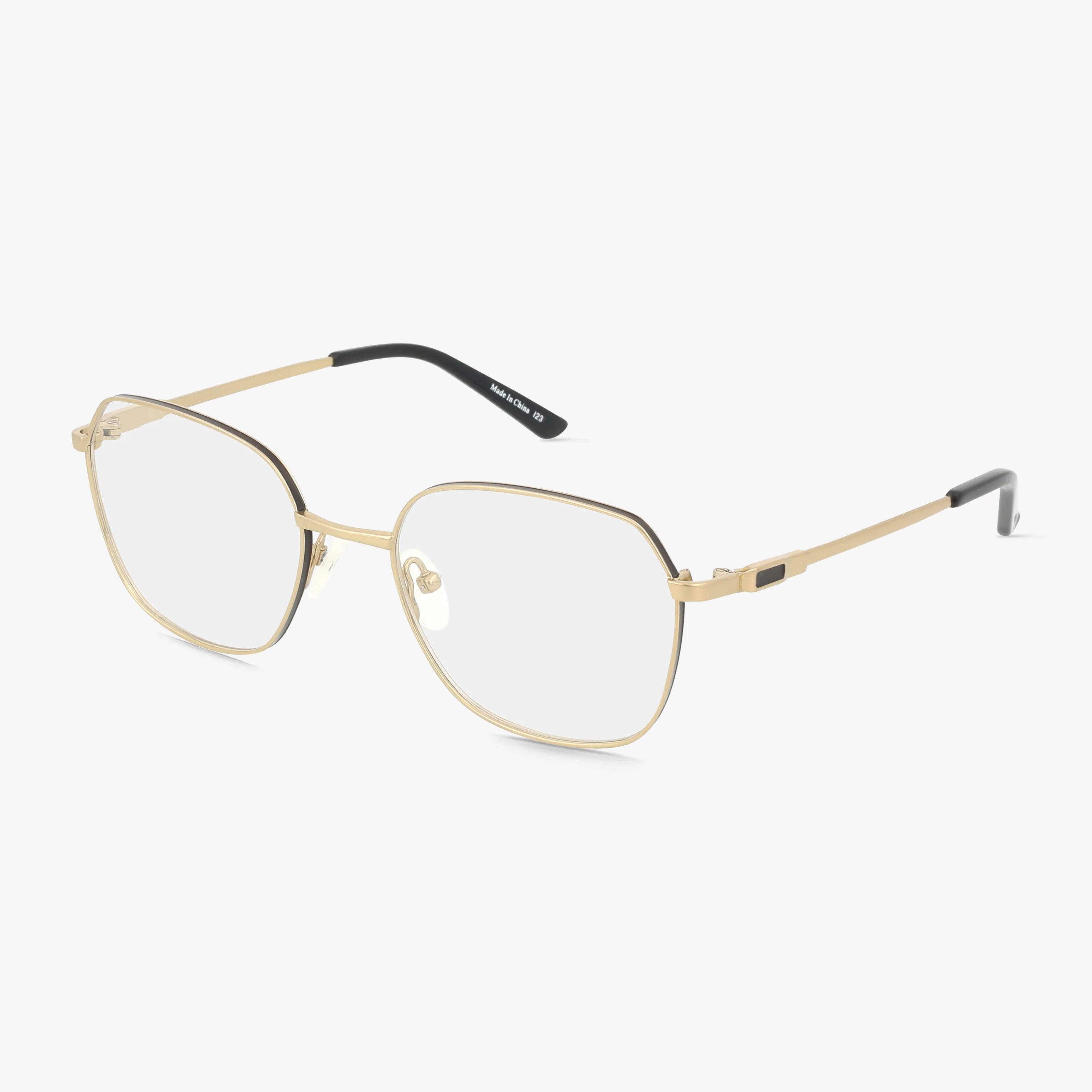 The Precision 509 eyeglasses feature a bold, geometric Gold Black frame with thin rims, clear lenses, and black temple tips—delivering a modern minimalist look perfect for everyday style.