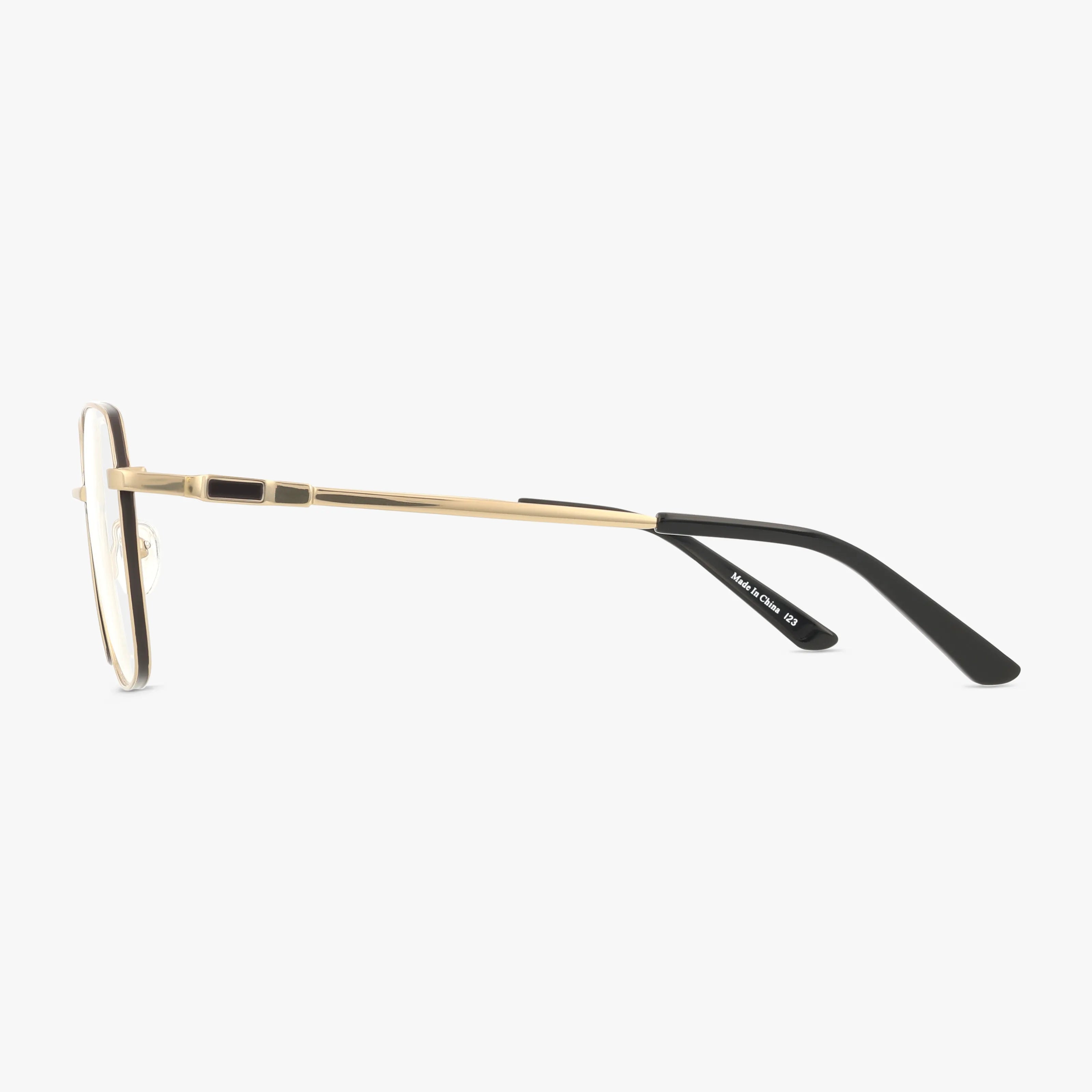 Side view of Precision 509 eyeglasses featuring thin gold metal frames and black temple tips, highlighting their bold design against a plain white background.
