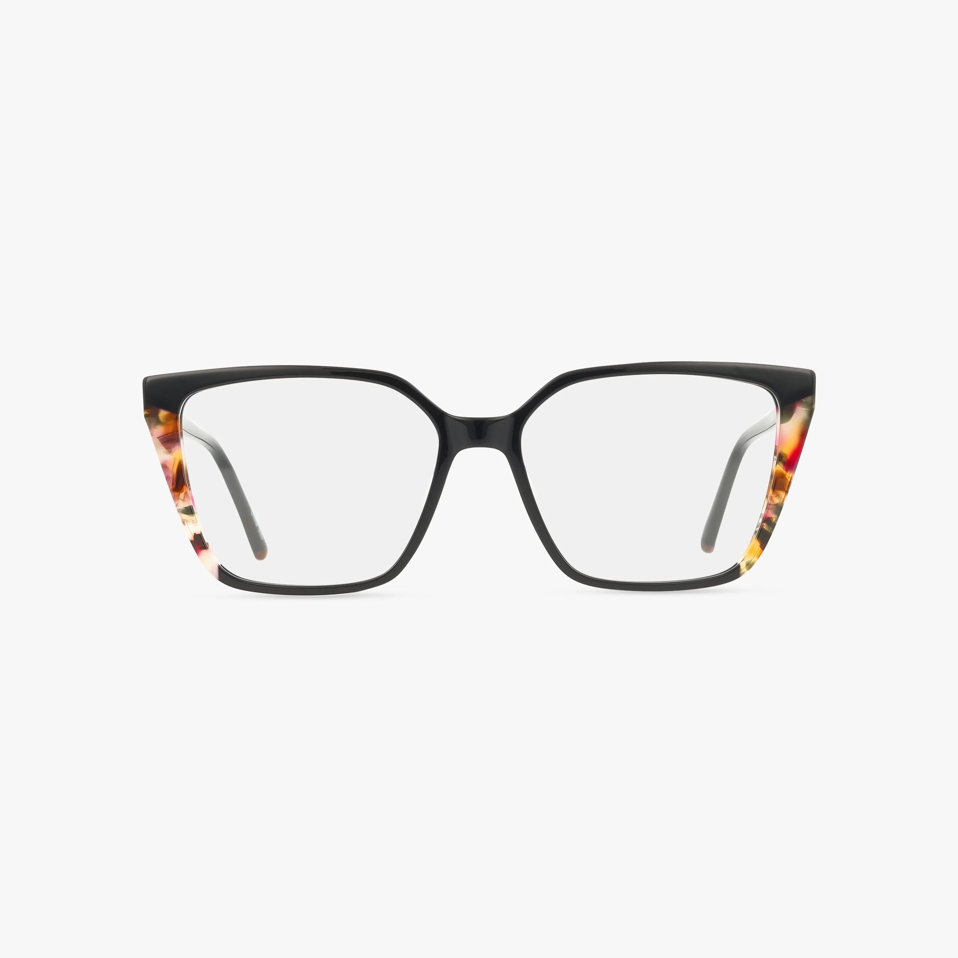 Front view of Fregossi 1035 cat-eye eyeglasses with black frames and tortoiseshell accents on the outer edges—stylish, modern, and ideal for daily wear.