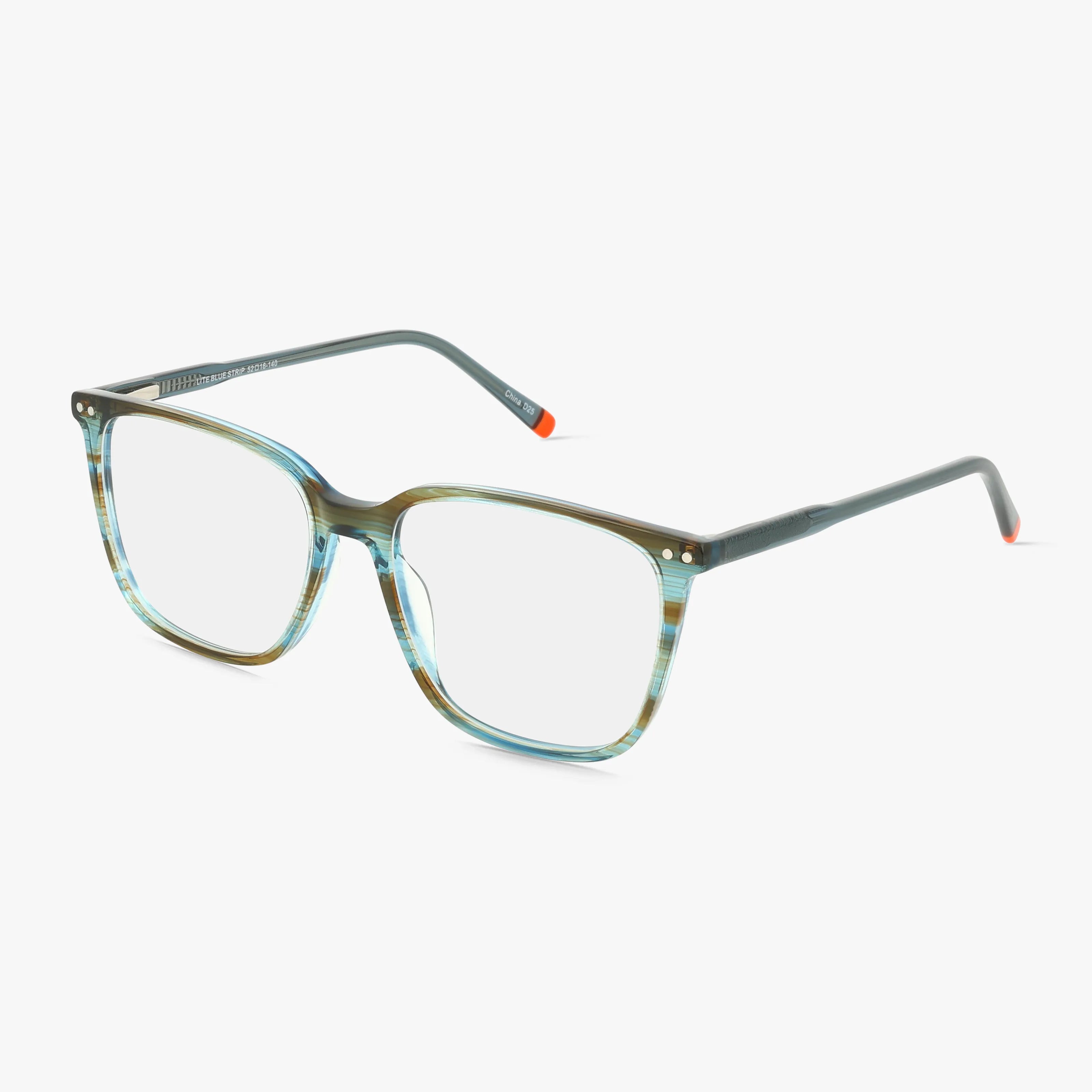 Fregossi 1038 eyeglasses in translucent blue feature a lightweight rectangular frame with thin arms and subtle orange tip accents—ideal for everyday wear, shown against a white background.