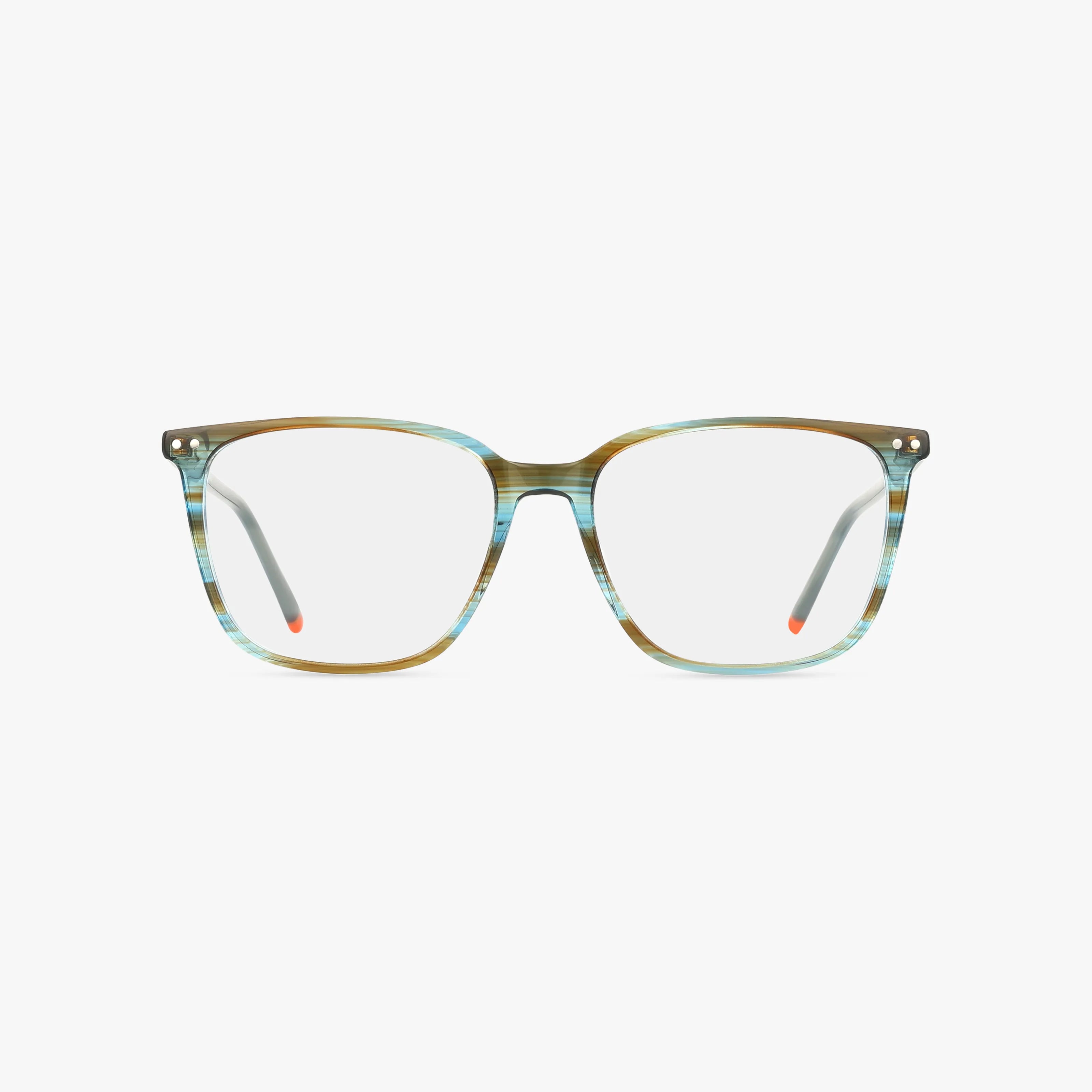 Front view of Fregossi 1038 rectangular eyeglasses with clear lenses, a lightweight translucent brown and light blue striped frame, and small red temple tips—ideal for daily wear.