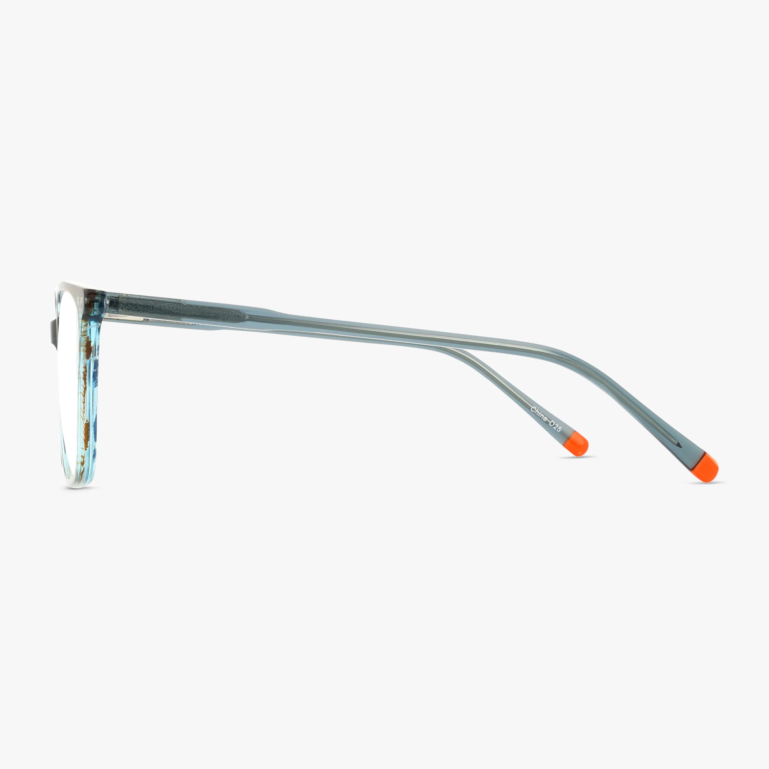 Side view of Fregossi 1038 eyeglasses with transparent blue, lightweight frames and orange-tipped temples, perfect for daily wear, displayed against a plain white background.