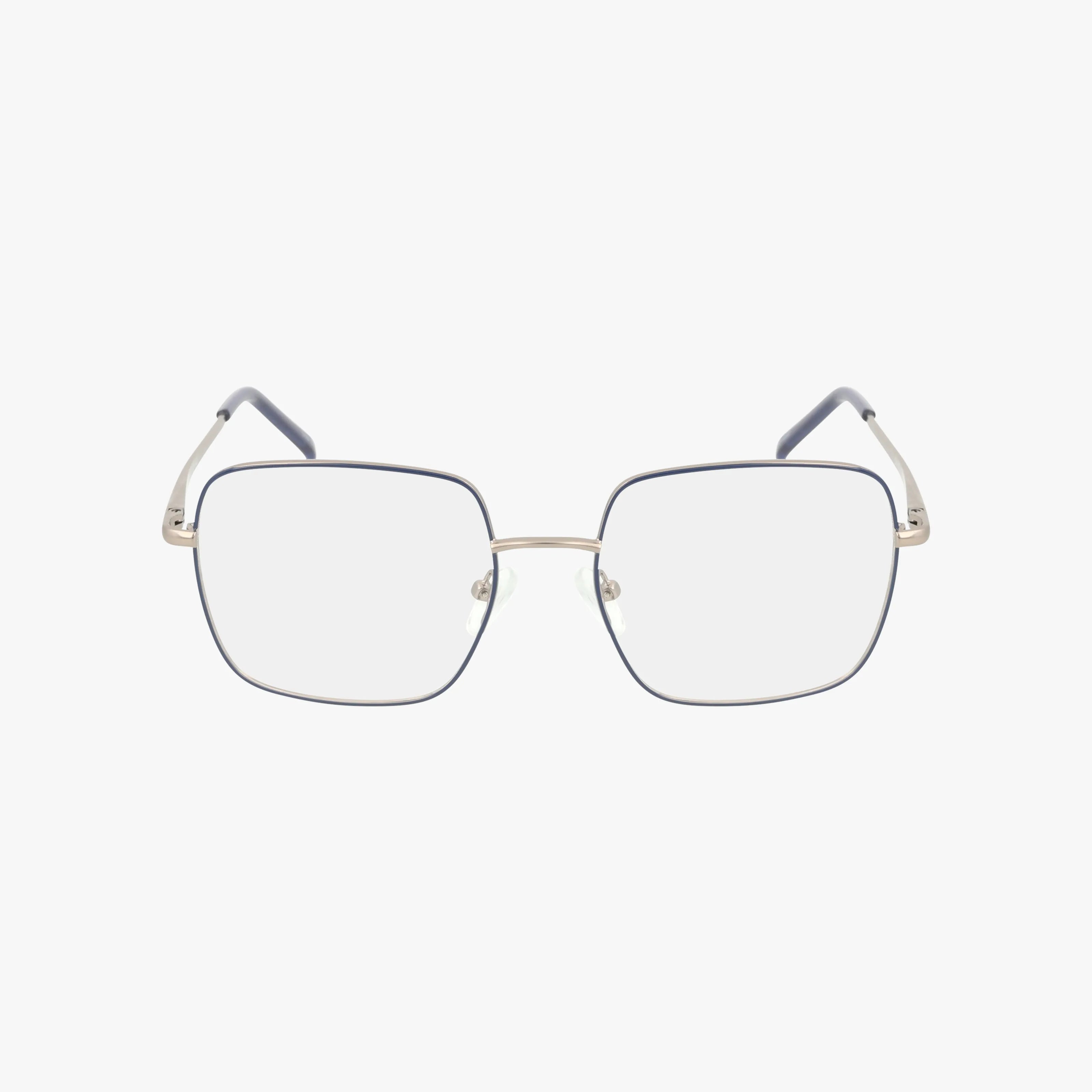 Exclusive 264 eyeglasses feature a square shape with a thin, silver metal frame, clear lenses, dark blue top accents, and navy blue earpieces, displayed on a plain white background.