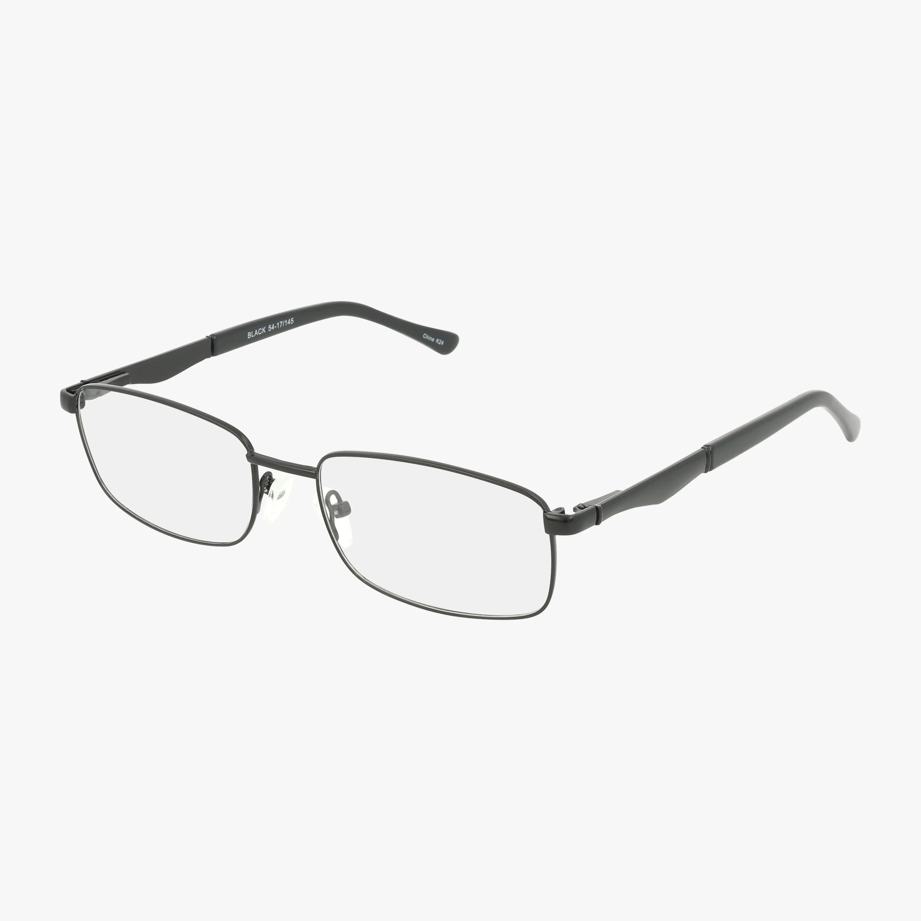 Exclusive 271 eyewear in black features a rectangular, lightweight metal frame with thin rims, clear lenses, adjustable nose pads, and straight temples. Shown on a white background.