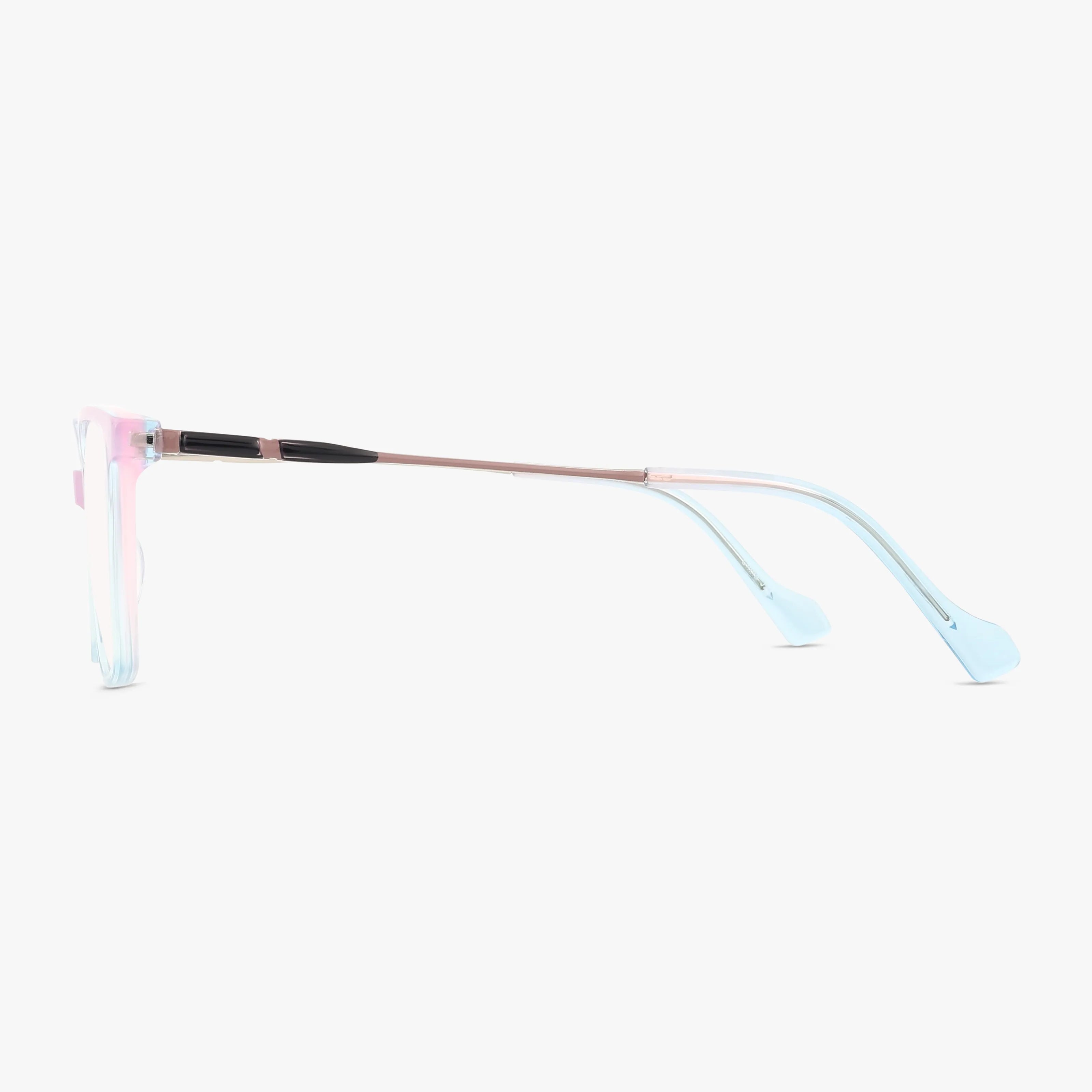 Side view of Fregossi 1039 eyeglasses featuring translucent pastel pink and blue frames, thin metallic arms, and light blue temple tips, highlighting their unique style and functional design against a white background.