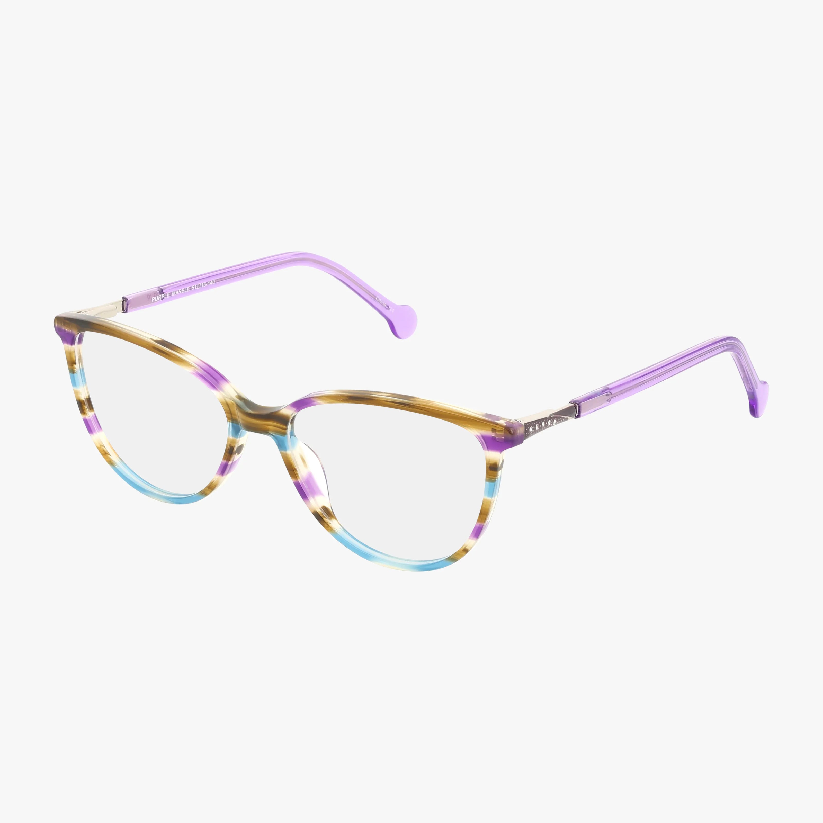 Fregossi 1043 eyeglasses feature a striking purple multicolor cat-eye frame with translucent purple arms, designed to make you stand out, shown on a white background.