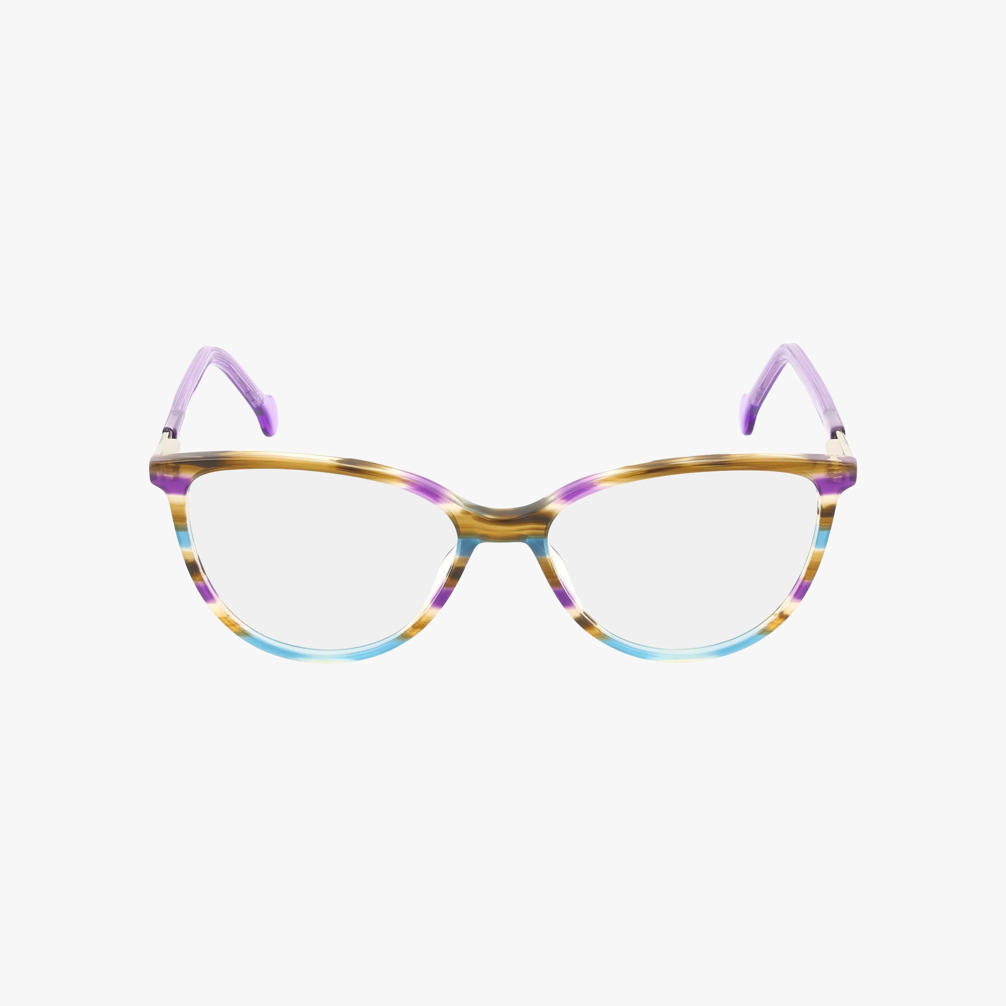 Fregossi 1043 cat-eye eyeglass frames feature a striped brown, purple, and blue pattern with purple arms—stylish statement pieces to help you stand out. Shown on a white background.