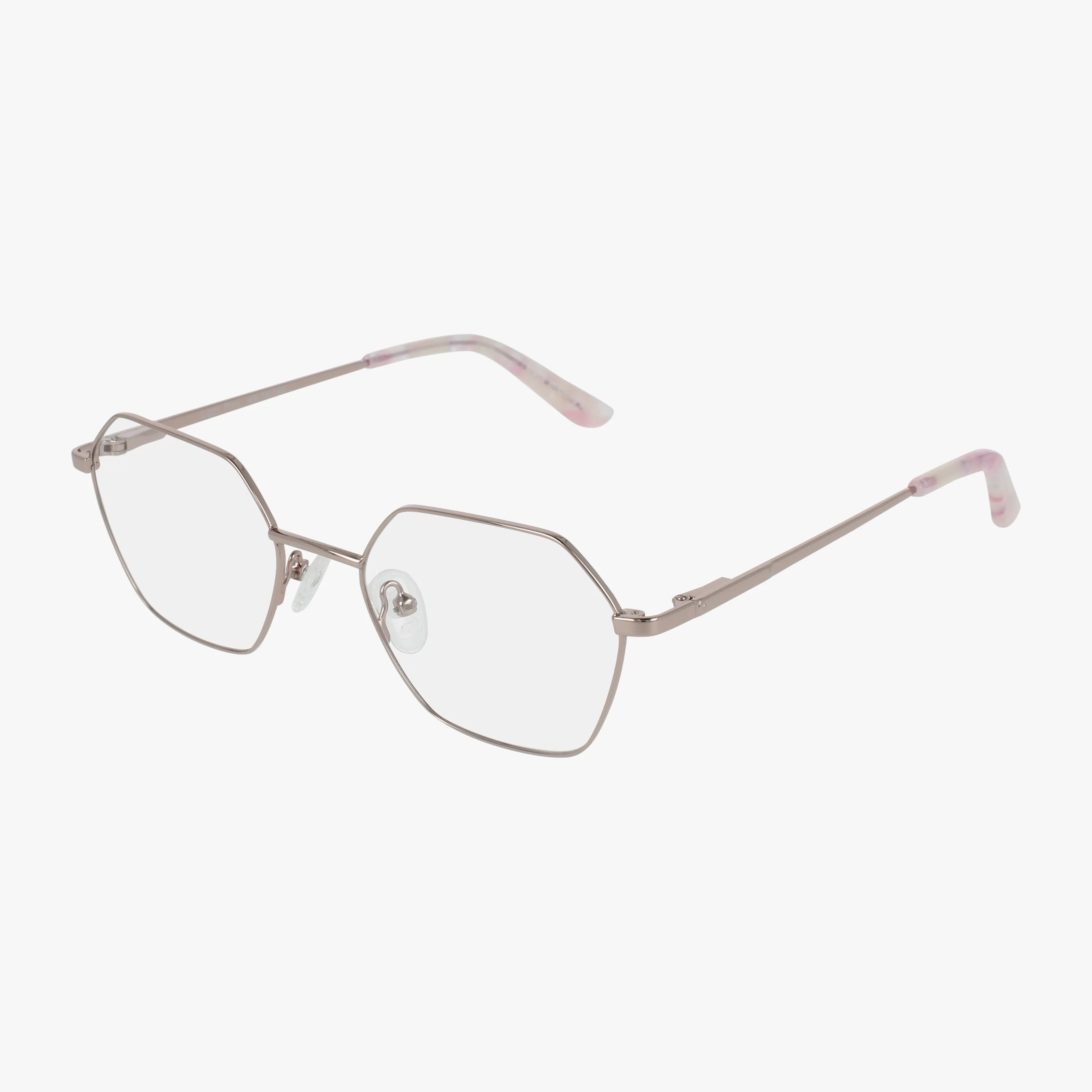 The Fregossi 1046 eyeglasses feature thin, hexagonal metal frames in a Pink Light hue with transparent nose pads and metallic temples accented by subtle pink tips—ideal for a smart, stylish look.