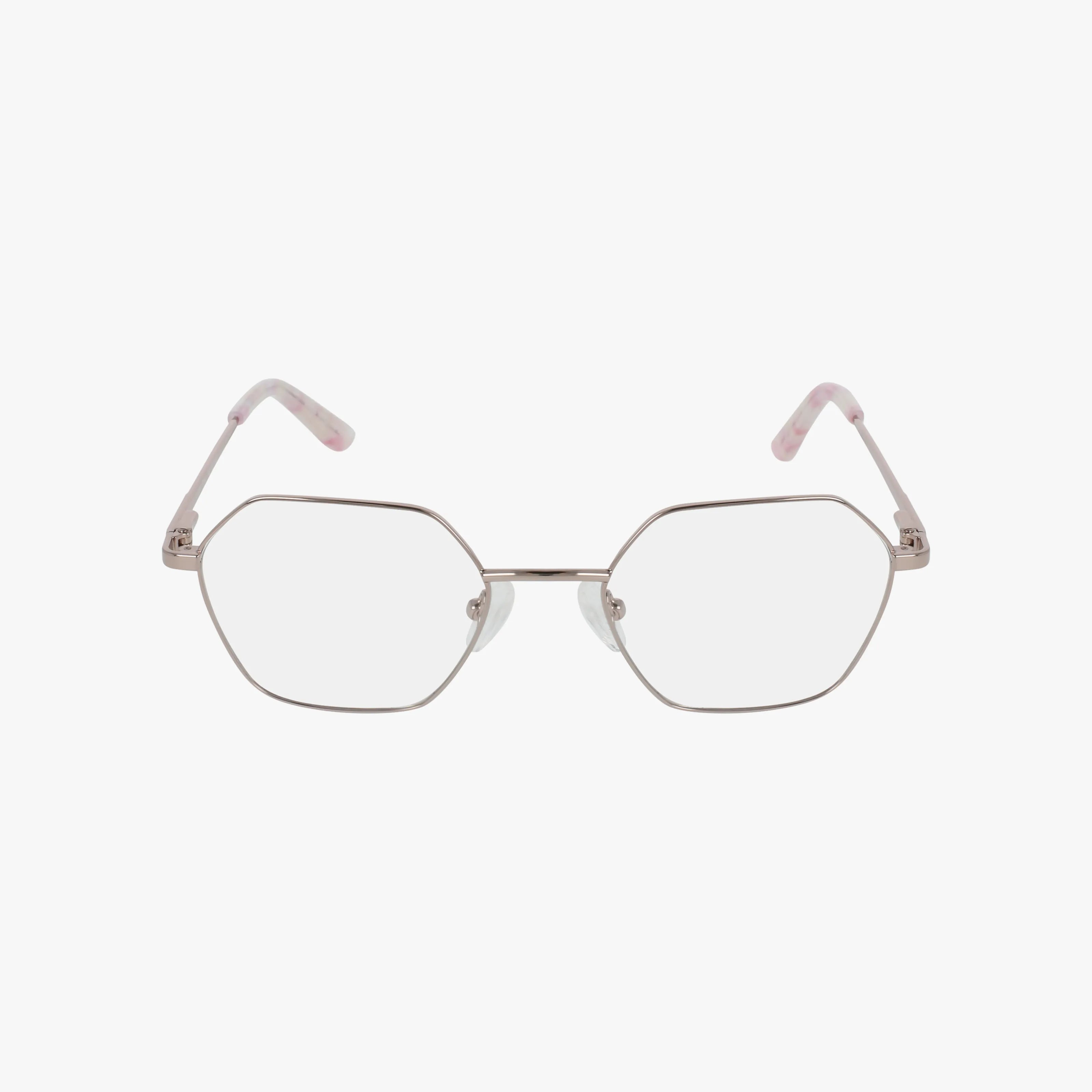 The Fregossi 1046 eyeglasses feature thin silver metal frames with geometric hexagonal lenses and light pink marbled temple tips for a stylish touch. Displayed on a white background, they blend smart looks with unique flair.