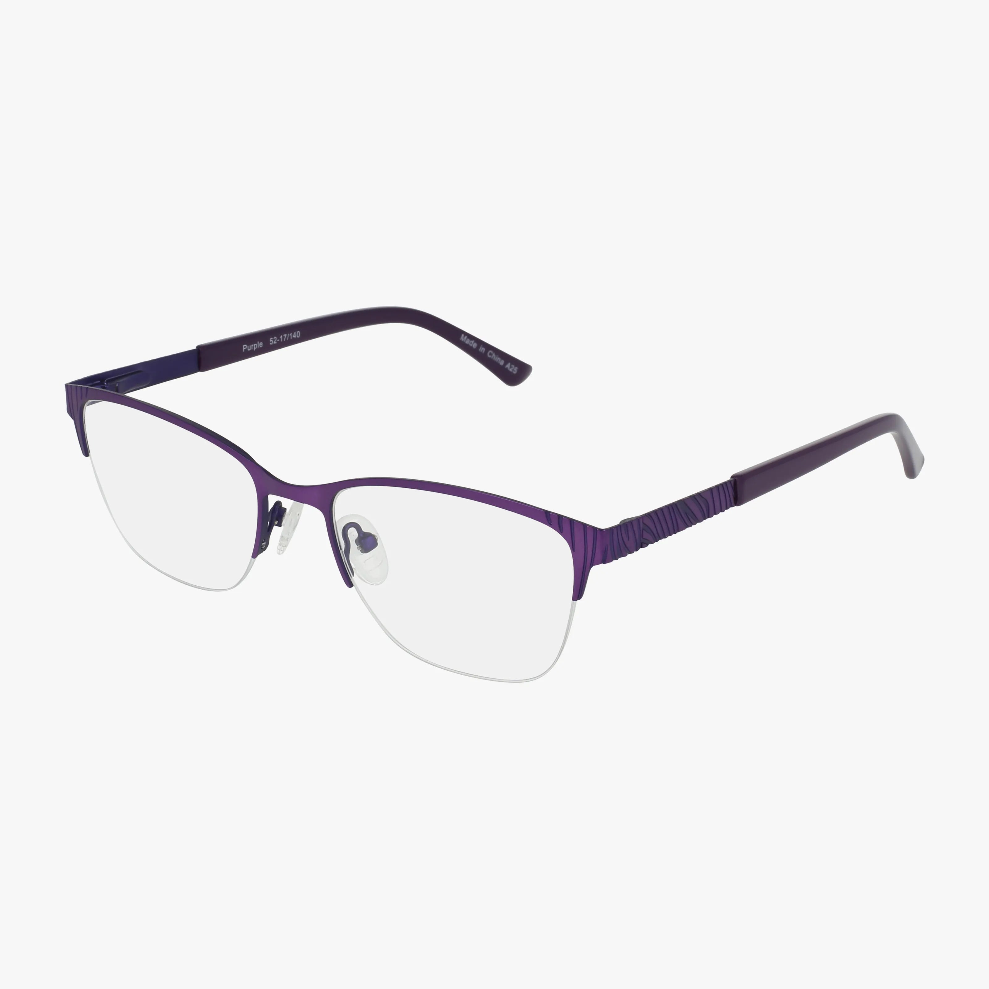 The Fregossi 1049 is a pair of purple semi-rimless eyeglasses with a thin metal minimalist frame, rectangular prescription lenses, adjustable nose pads, and sleek straight arms with subtle detailing.