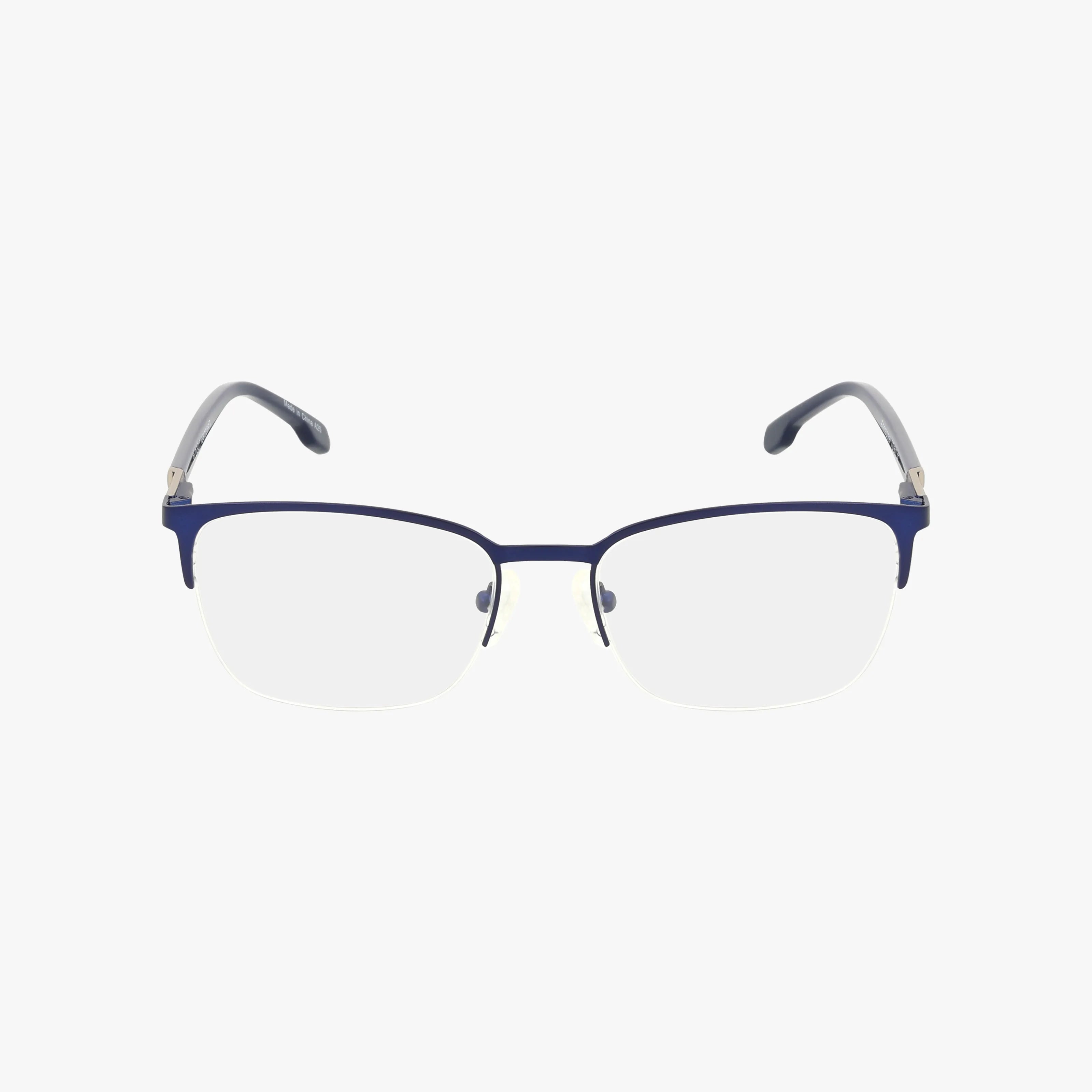 The Fregossi 1050 eyeglasses feature thin, rectangular blue metal frames with clear lenses and resilient gray temples, each slightly curved at the ends. Displayed on a white background.