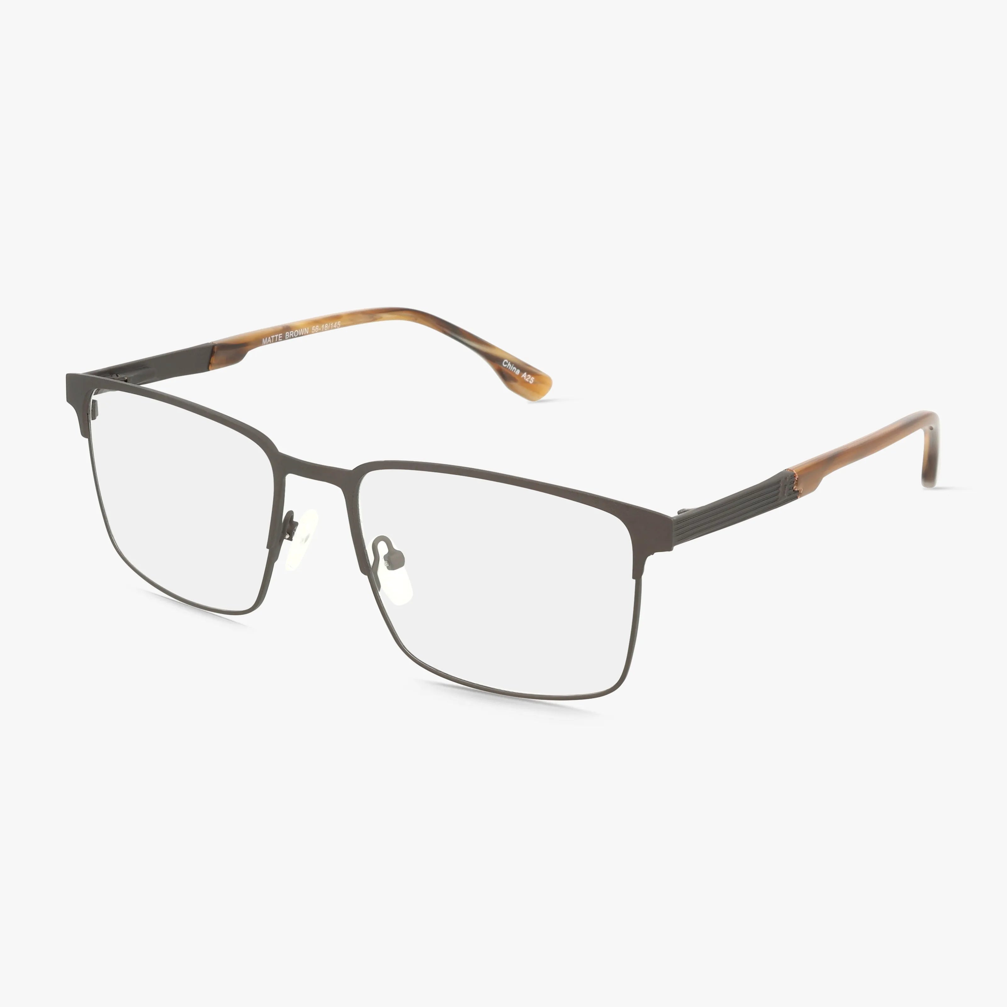 The Fregossi 1054 is a pair of rectangular, semi-rimless eyewear with a durable dark metal frame, clear lenses, and brown matte temple arms—perfect for progressive lenses—shown on a white background.