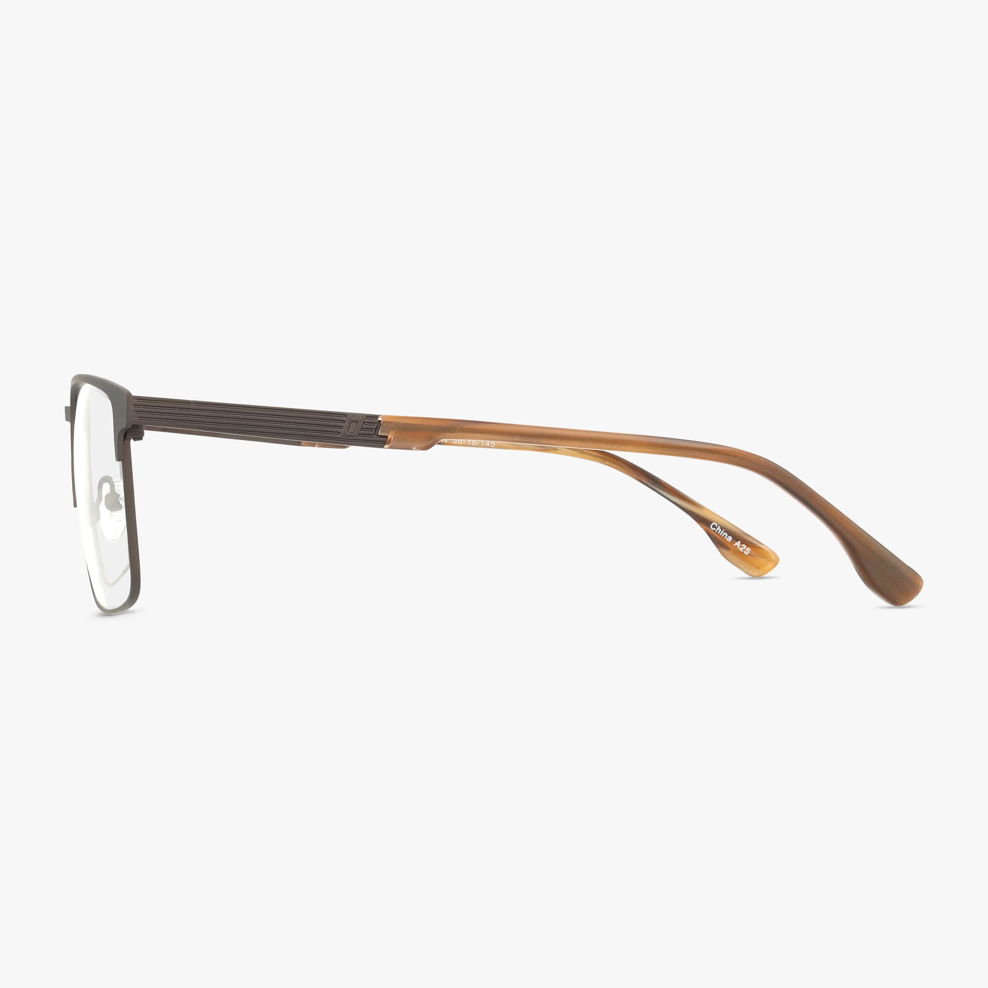 Side view of Fregossi 1054 fashion eyewear with a rectangular metal frame, black ribbed temple arms, and brown acetate tips, displayed against a plain white background.