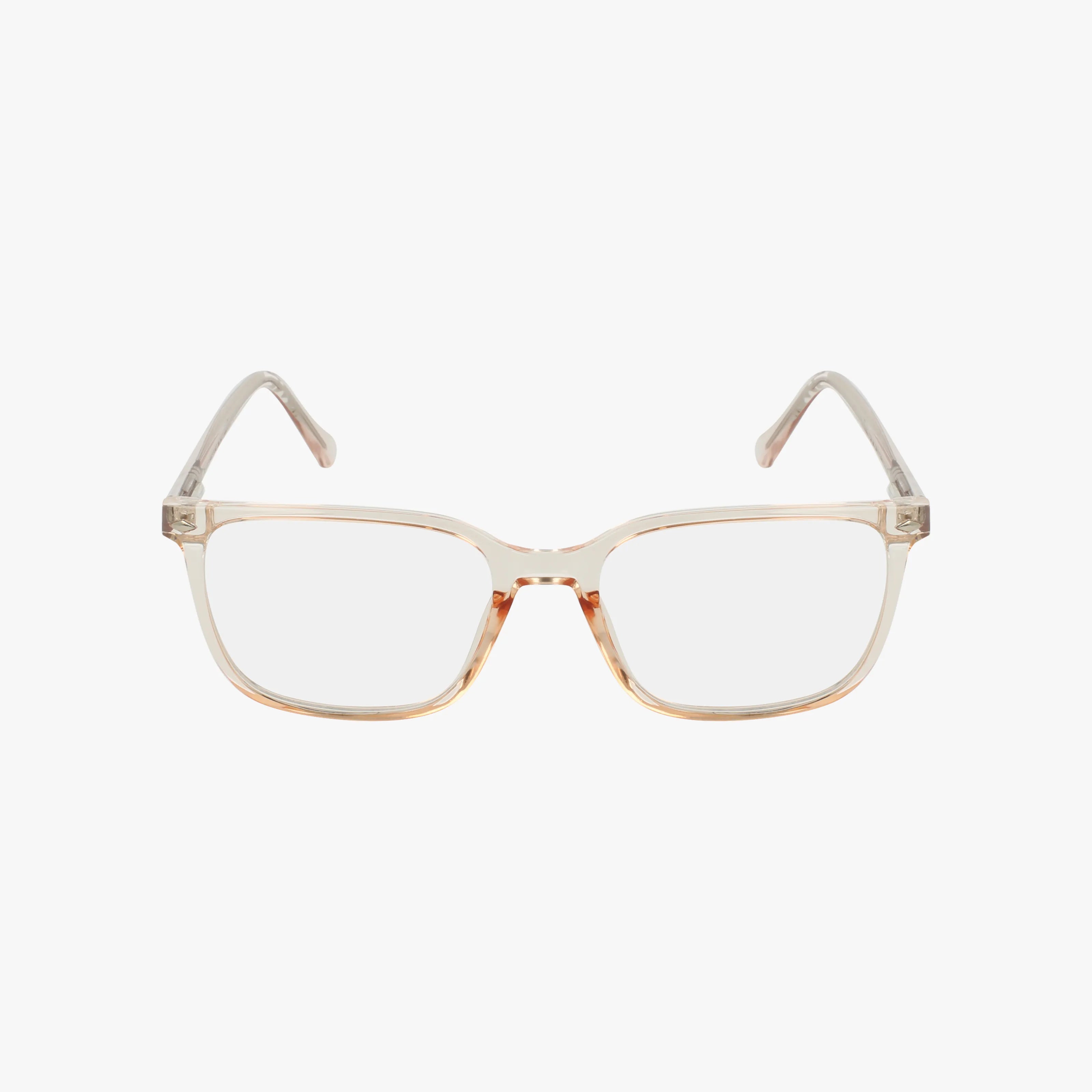 The CNBCN 108 eyeglasses feature a clear, rectangular shape with slightly curved edges and a lightweight, translucent beige frame—ideal for everyday wear. Displayed on a white background.