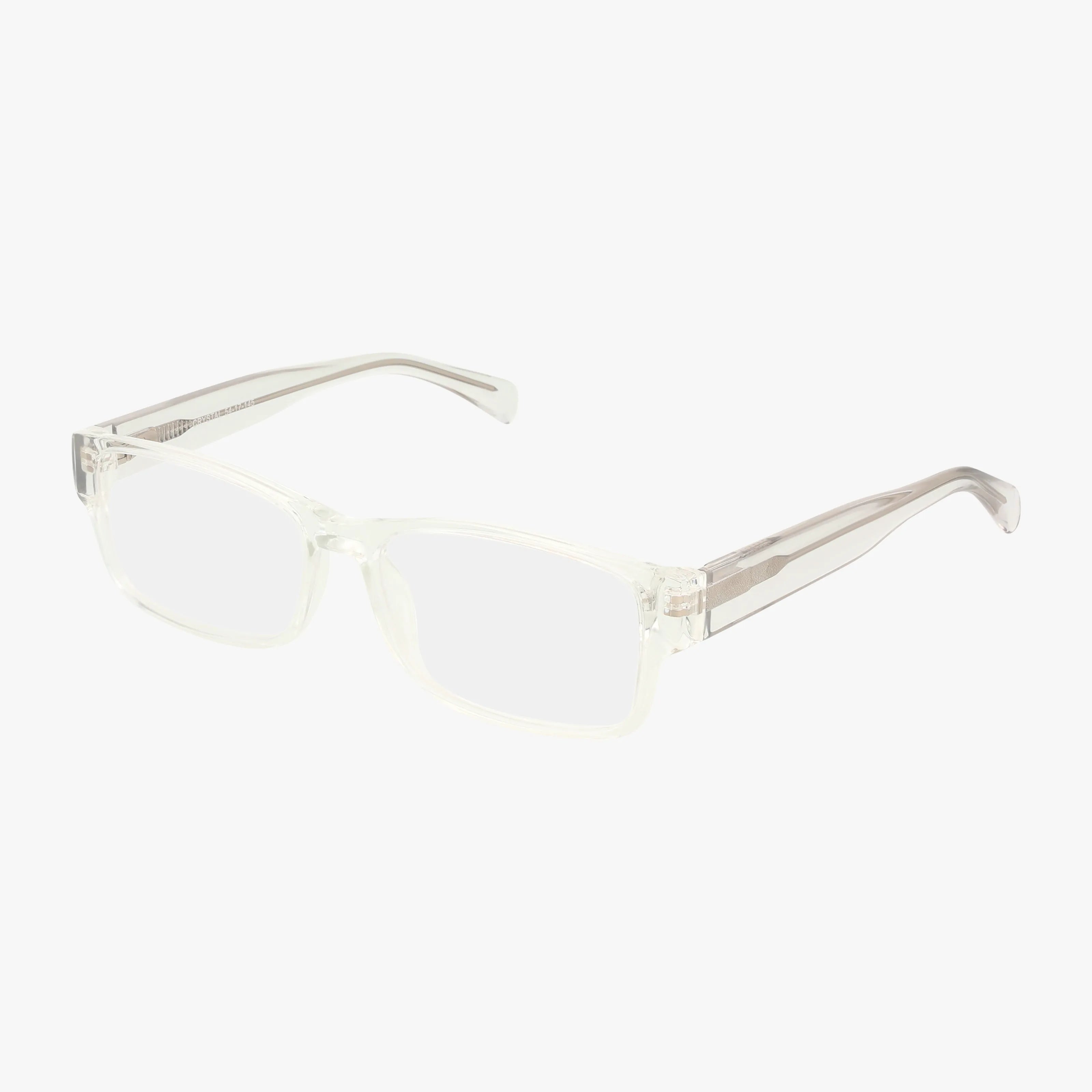 CNBCN 111 clear rectangular eyeglasses with transparent frames and temples, designed for progressive lenses, are shown on a white background at a slight angle.