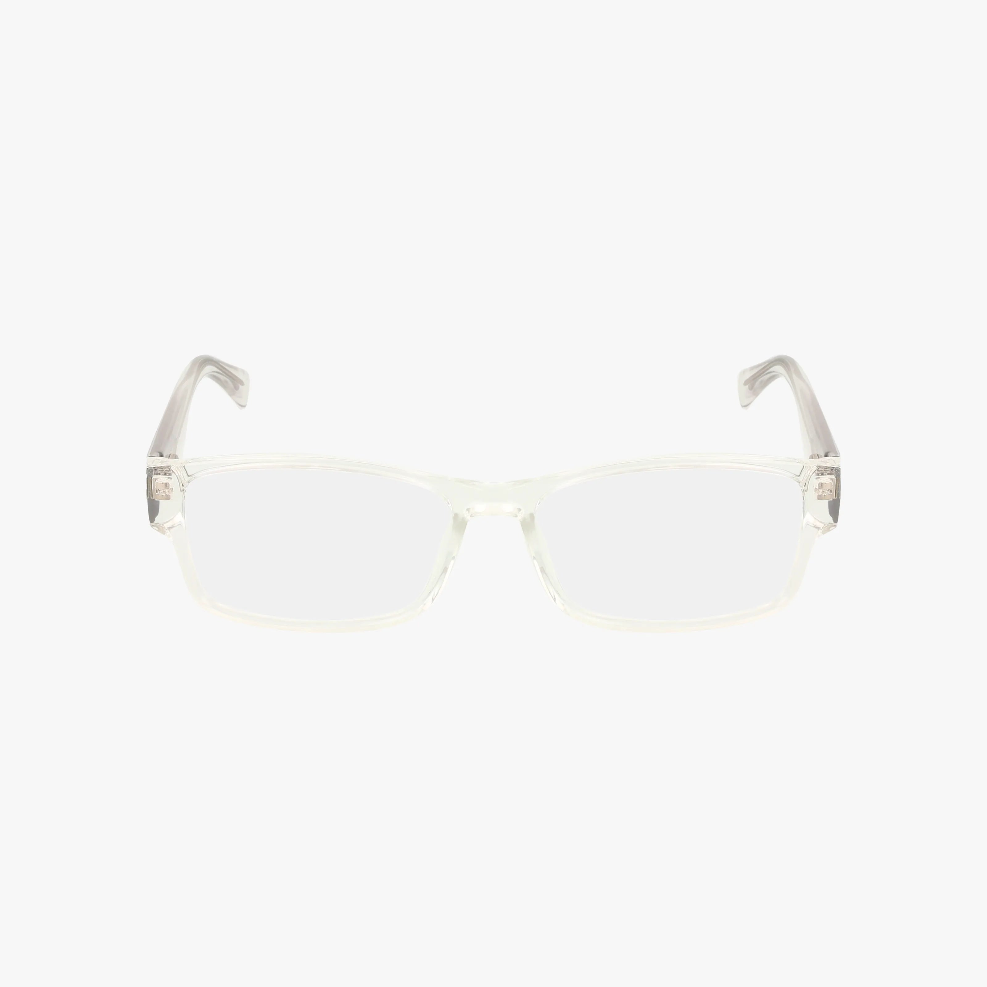 The CNBCN 111 eyeglasses feature clear rectangular lenses with transparent frames and temples, combining functional design with a distinct style, showcased on a plain white background in a front-facing view.