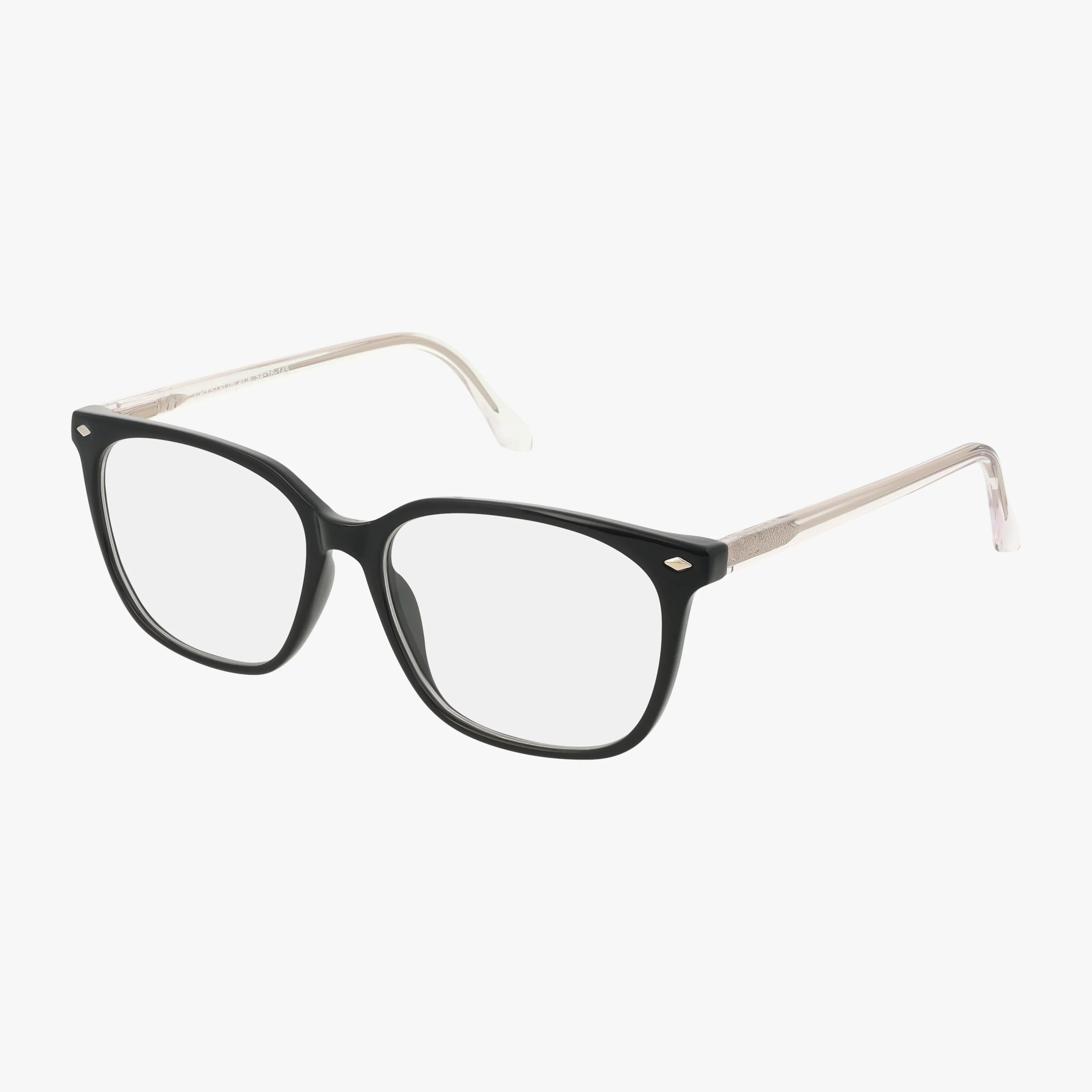 The CNBCN 115 eyeglasses feature black rectangular frames with clear, slightly tapered arms, offering an elegant eyewear option in Black Clear, displayed on a white background.