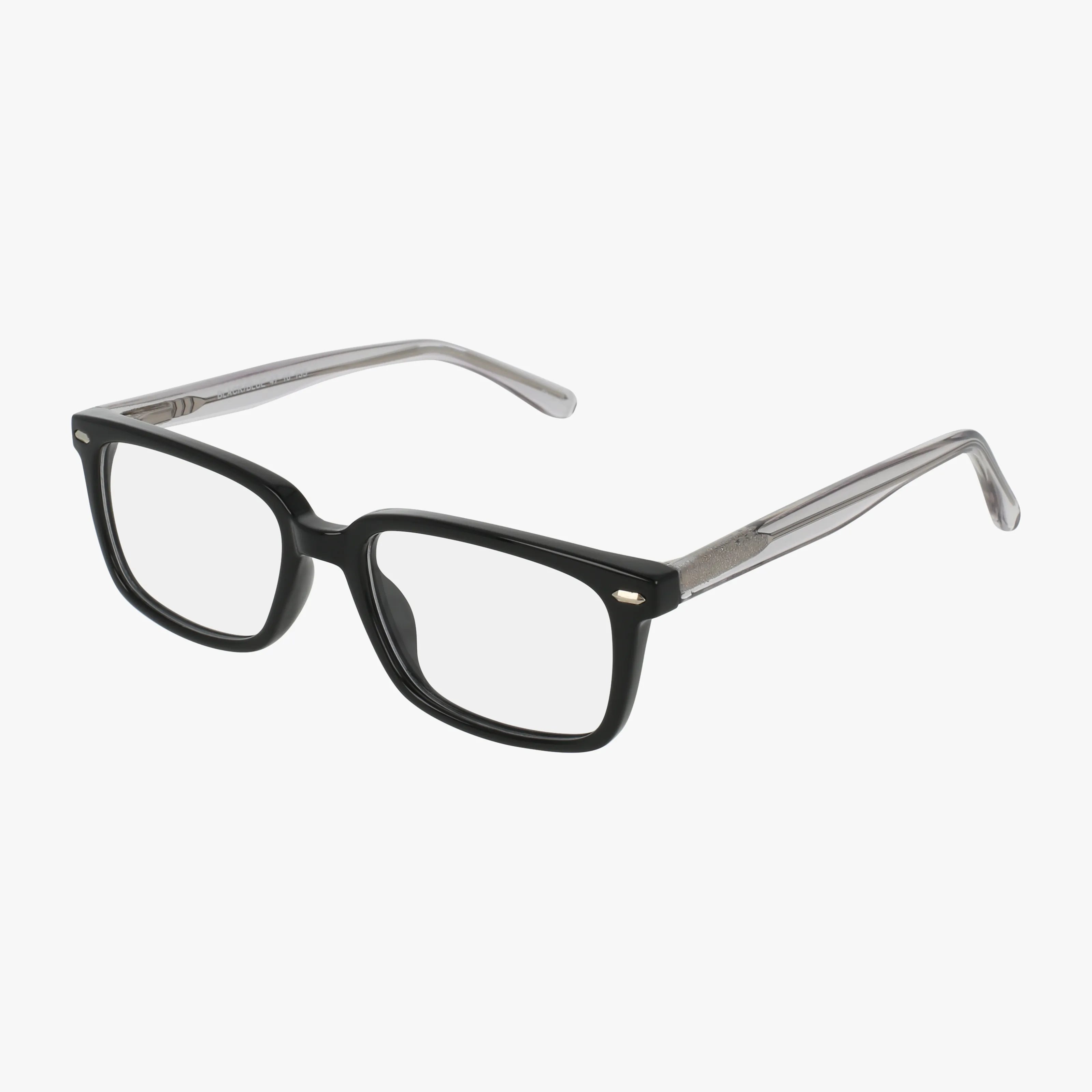 The CNBCN 116 features black square eyeglasses with clear temples and metal accents near the hinges, shown at an angle on a white background—a bold, classic design that ensures you'll stand out for any occasion.