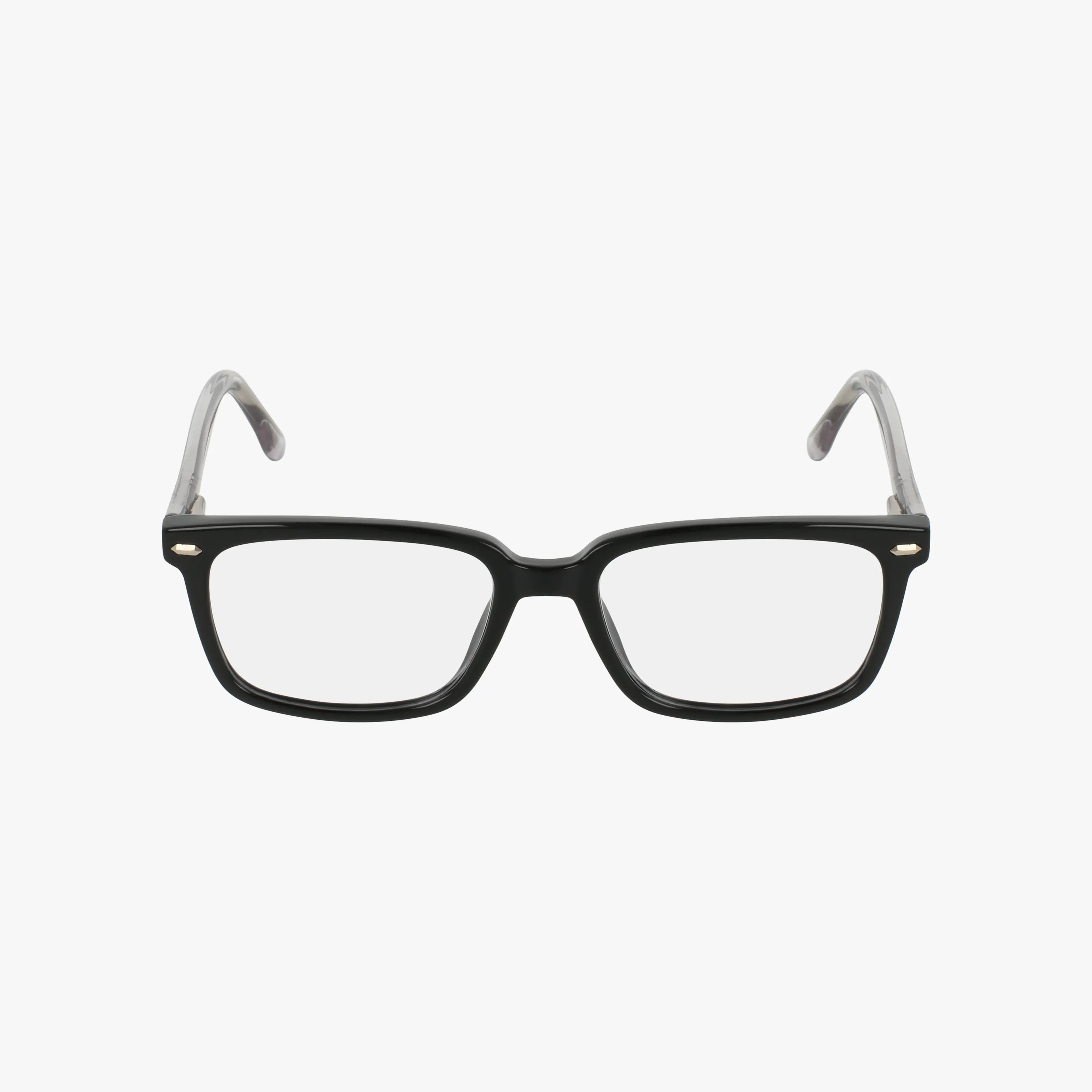 CNBCN 116 black rectangular eyeglasses with clear lenses, shown front-facing on a white background. The classic bold frames feature subtle metal accents near the hinges, creating a standout look for any occasion.