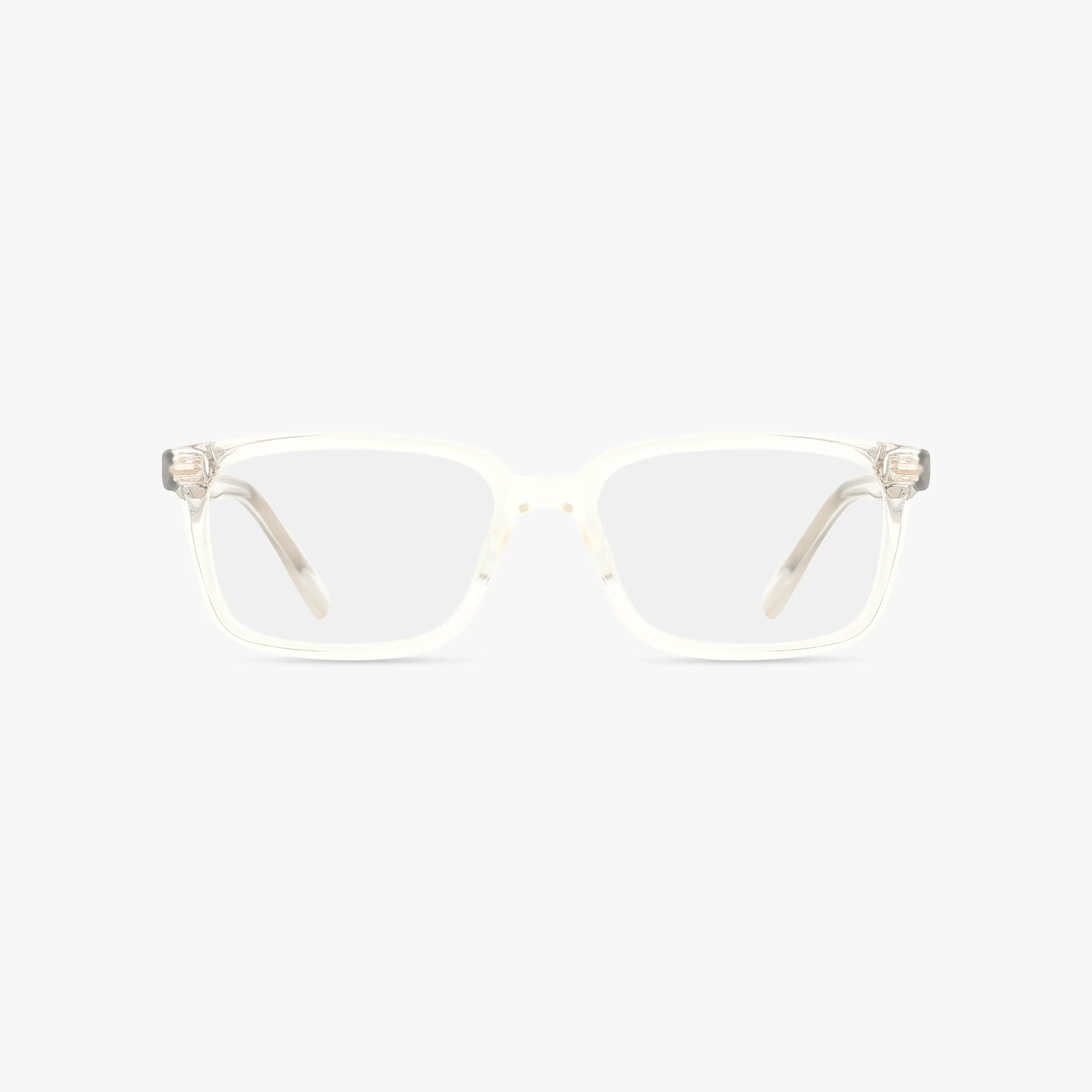 The CNBCN 116 eyeglasses feature clear rectangular frames and transparent lenses with a subtle, light-tinted finish, creating a modern minimalist look that stands out against a plain white background.