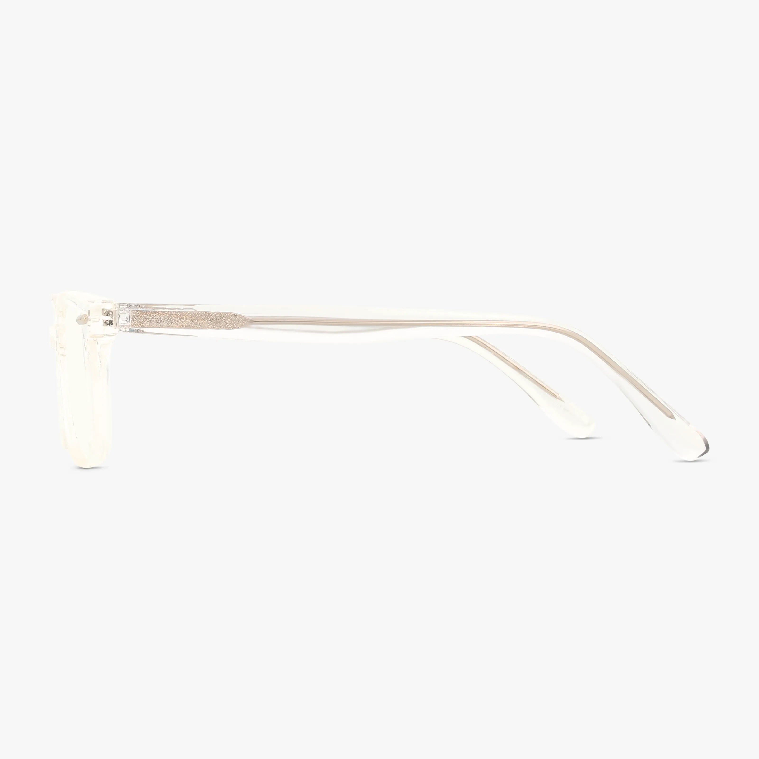 Side view of CNBCN's 116 clear eyeglass frames with straight arms and subtle metallic hinge detail, perfectly displayed against a plain white background.