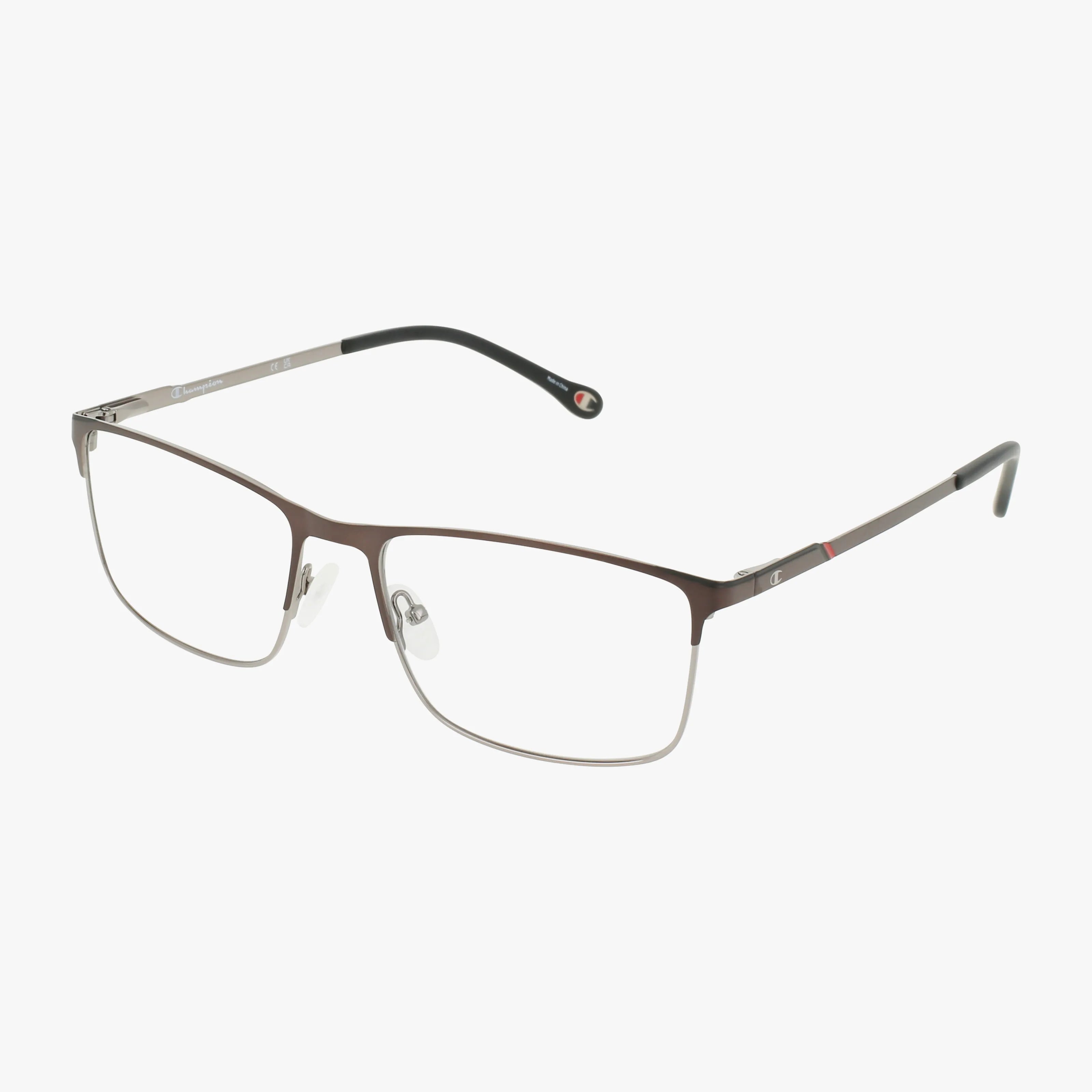 The Champion CU4015 eyeglasses feature a rectangular, semi-rimless gunmetal frame with a contemporary design, adjustable nose pads, and black temple tips, shown on a white background.