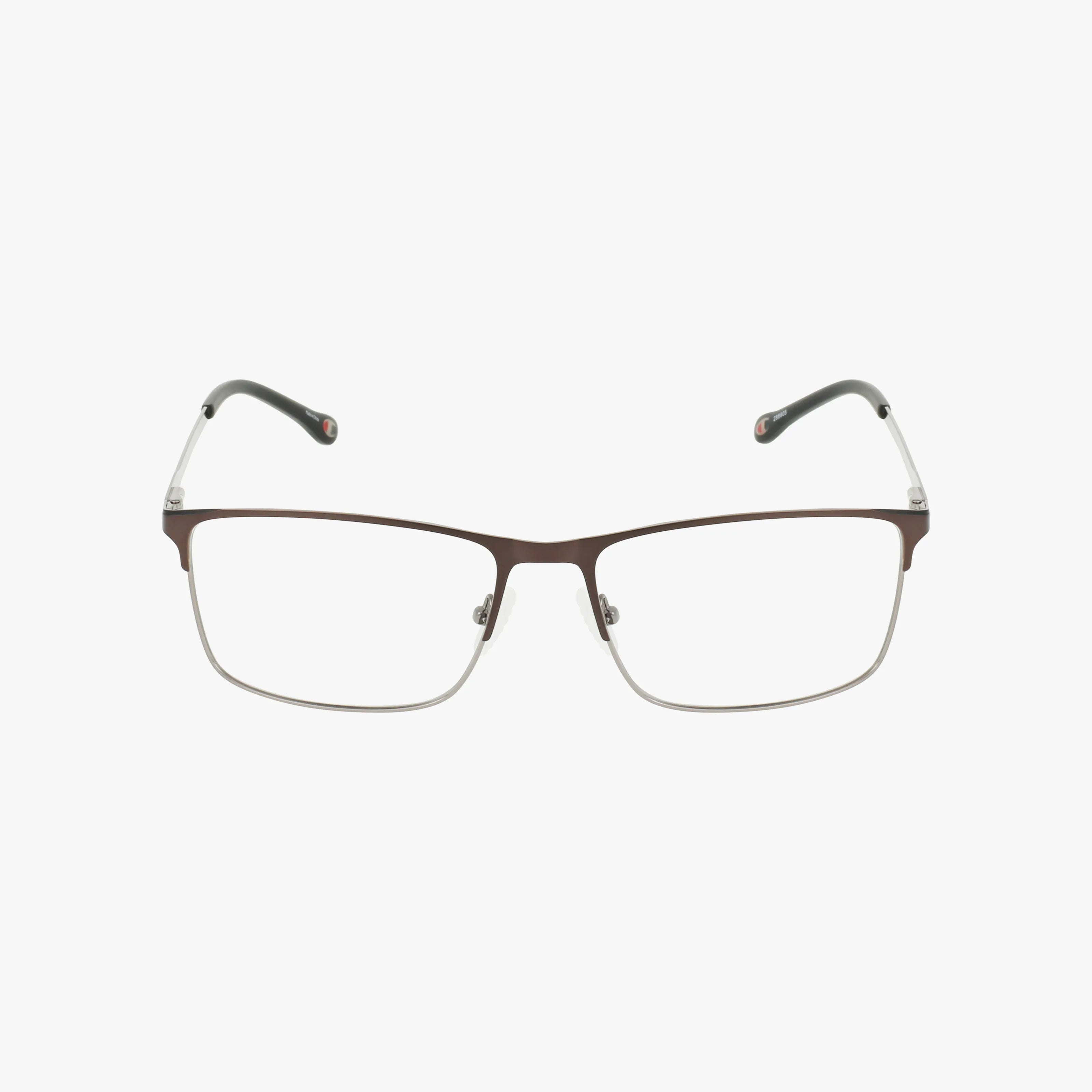 Champion CU4015 rectangular eyeglasses feature a thin brown metal frame, silver lower rims, and black temple tips for a contemporary look, elegantly displayed on a white background.