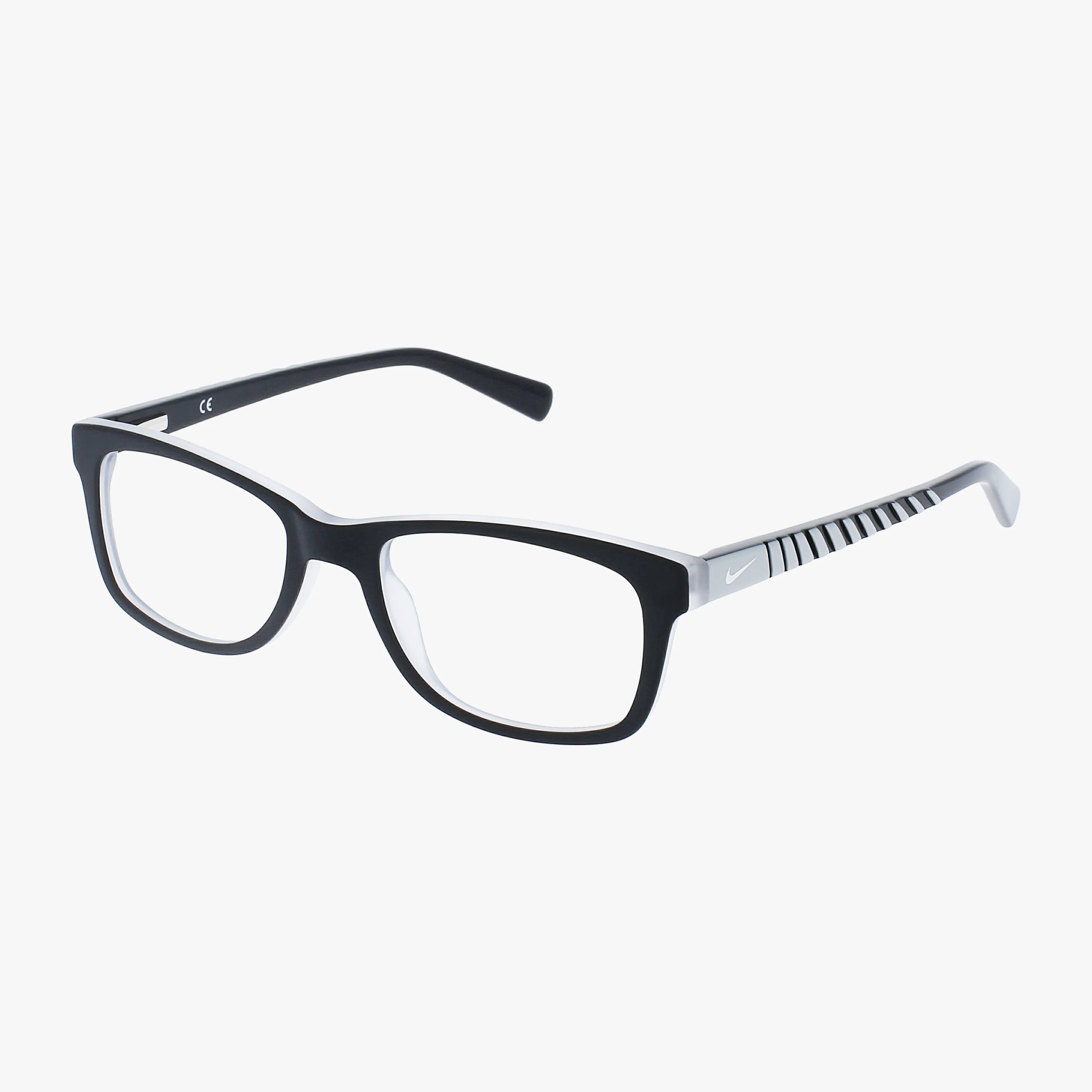 NIKE 5509 rectangular eyeglass frames in black with clear lenses and striped gray-black arms, featuring a subtle Nike logo on the temples—sleek, modern eyewear by NIKE displayed on a white background.